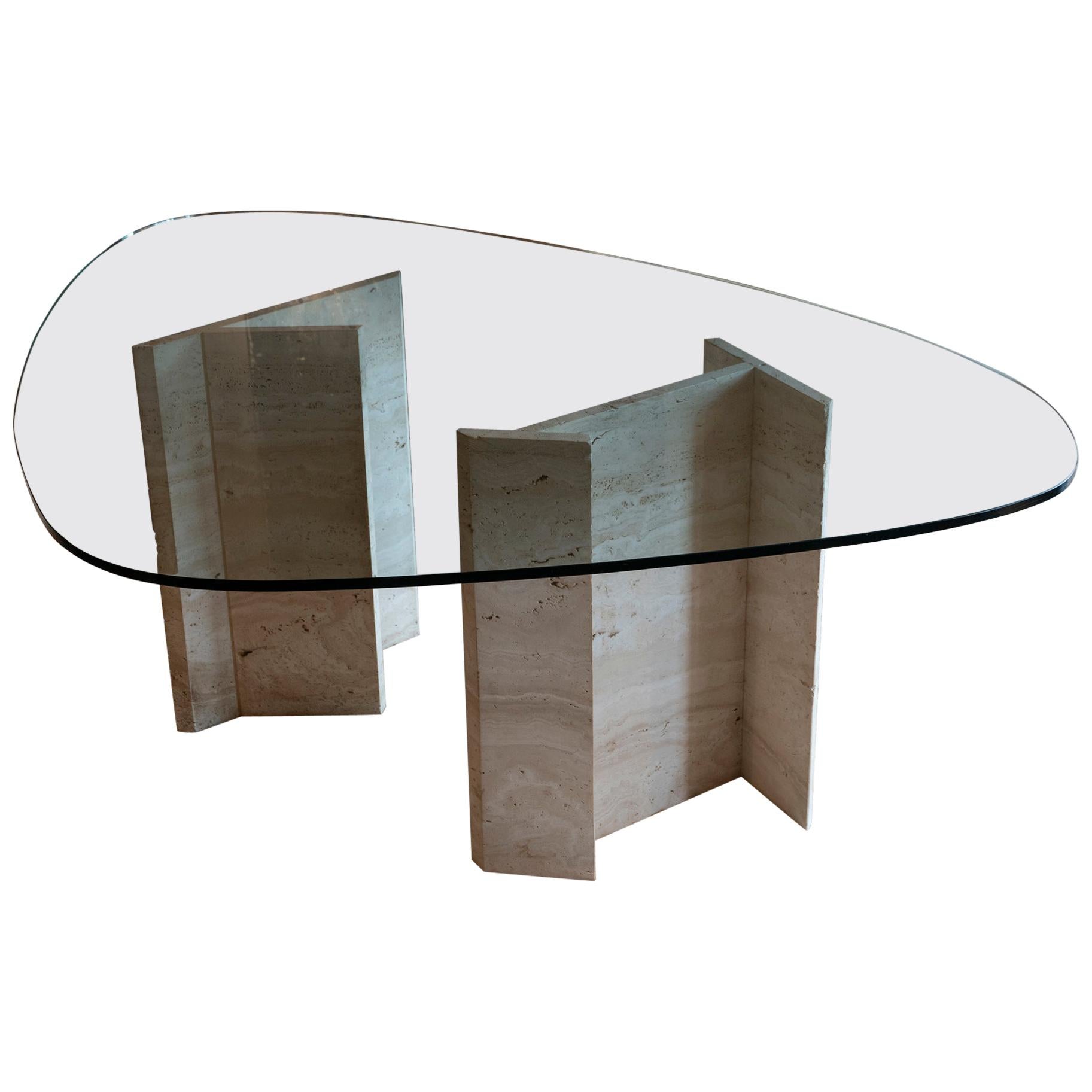 1970s Italian Travertine Center Table, Oval Shape Original Clear Glass Top