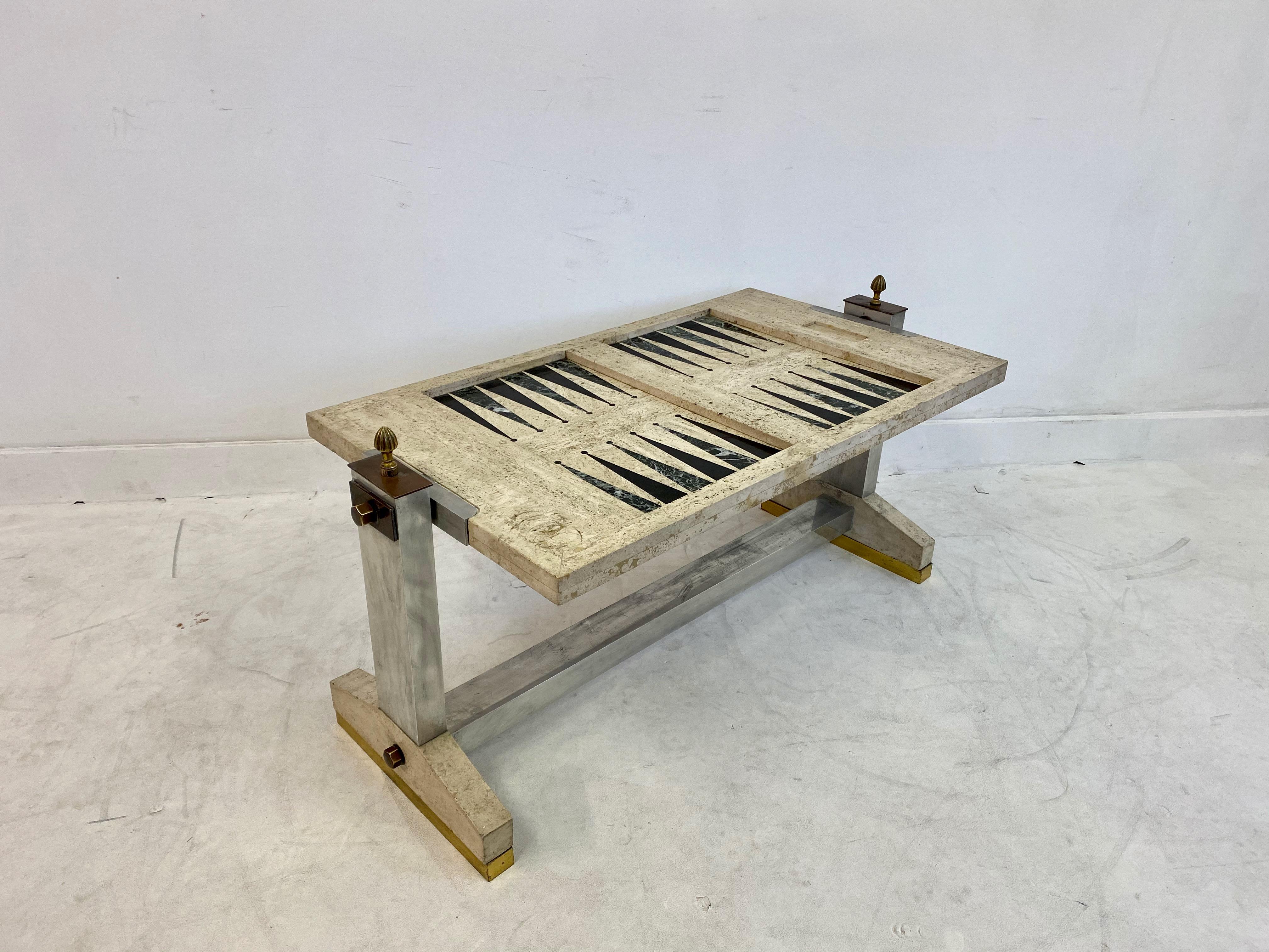 1970s Italian Travertine, Chrome, Brass and Bronze Games Coffee Table 4