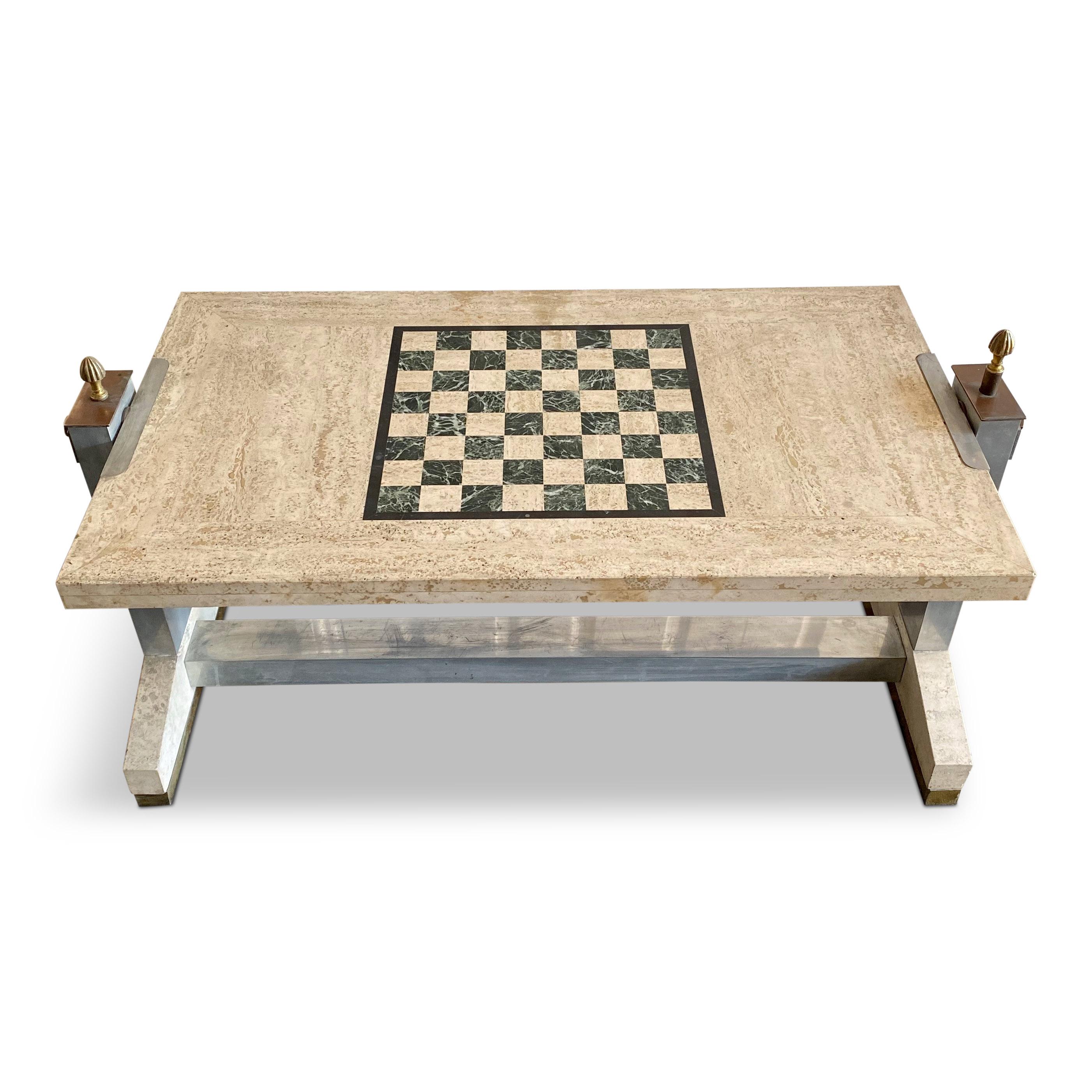 Travertine and chrome games table

Brass and bronze details

Marble inserts

Rotating top with chess on one side and backgammon on the other

Finial locks table in place

Excellent quality

1970s, Italian.