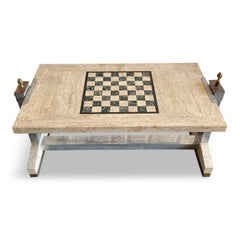 1970s Italian Travertine, Chrome, Brass and Bronze Games Coffee Table