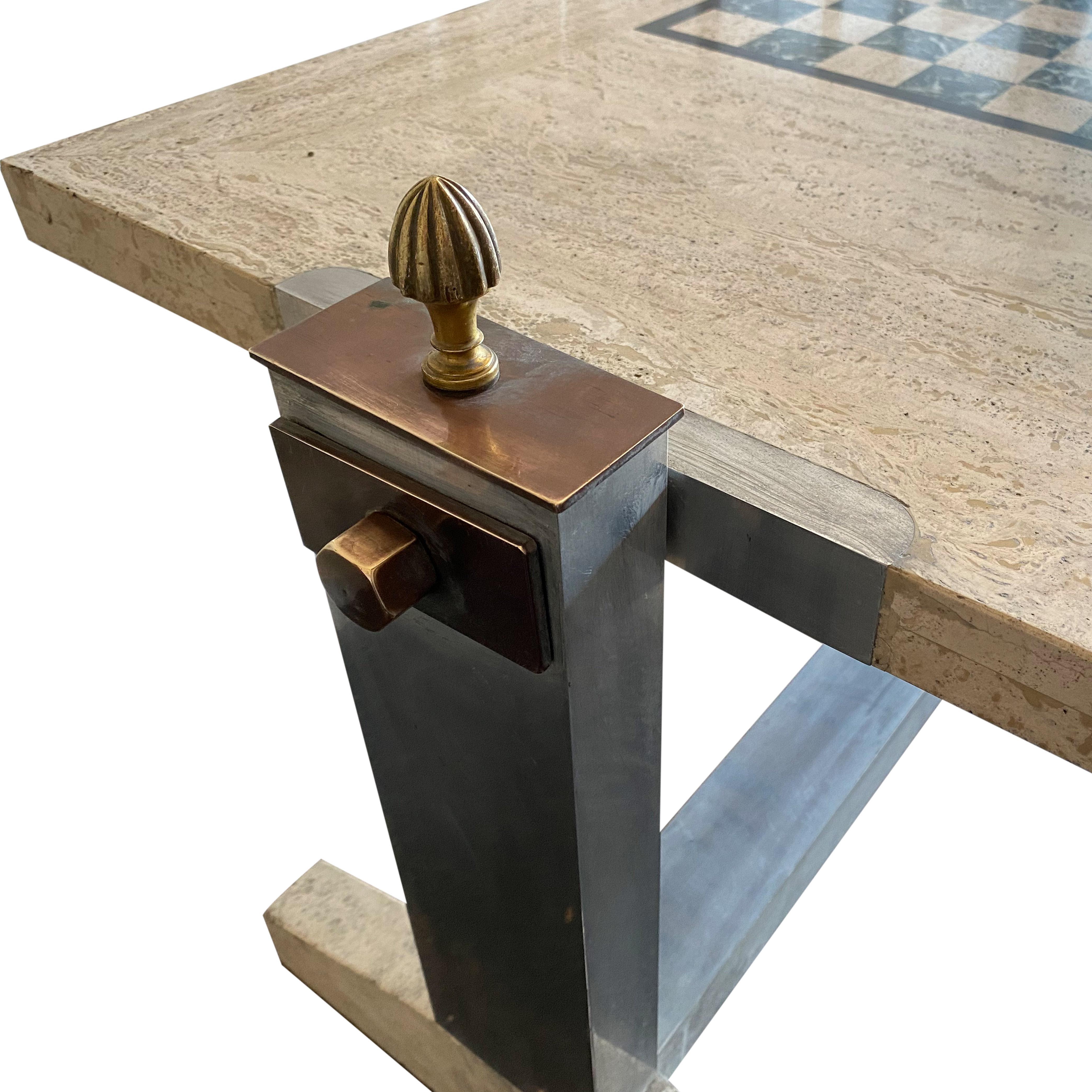 Hollywood Regency 1970s Italian Travertine, Chrome, Brass and Bronze Games Coffee Table