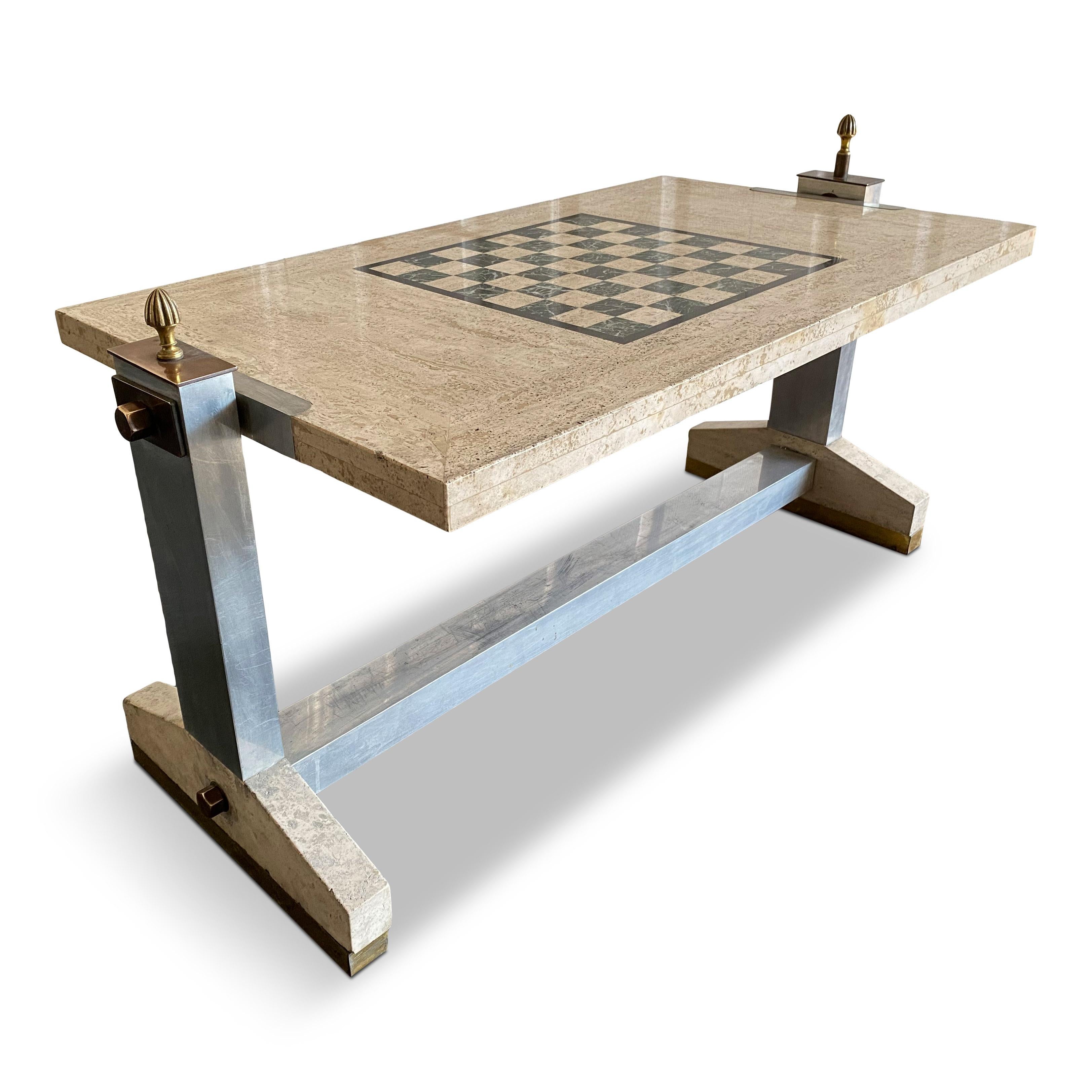 1970s Italian Travertine, Chrome, Brass and Bronze Games Coffee Table 2