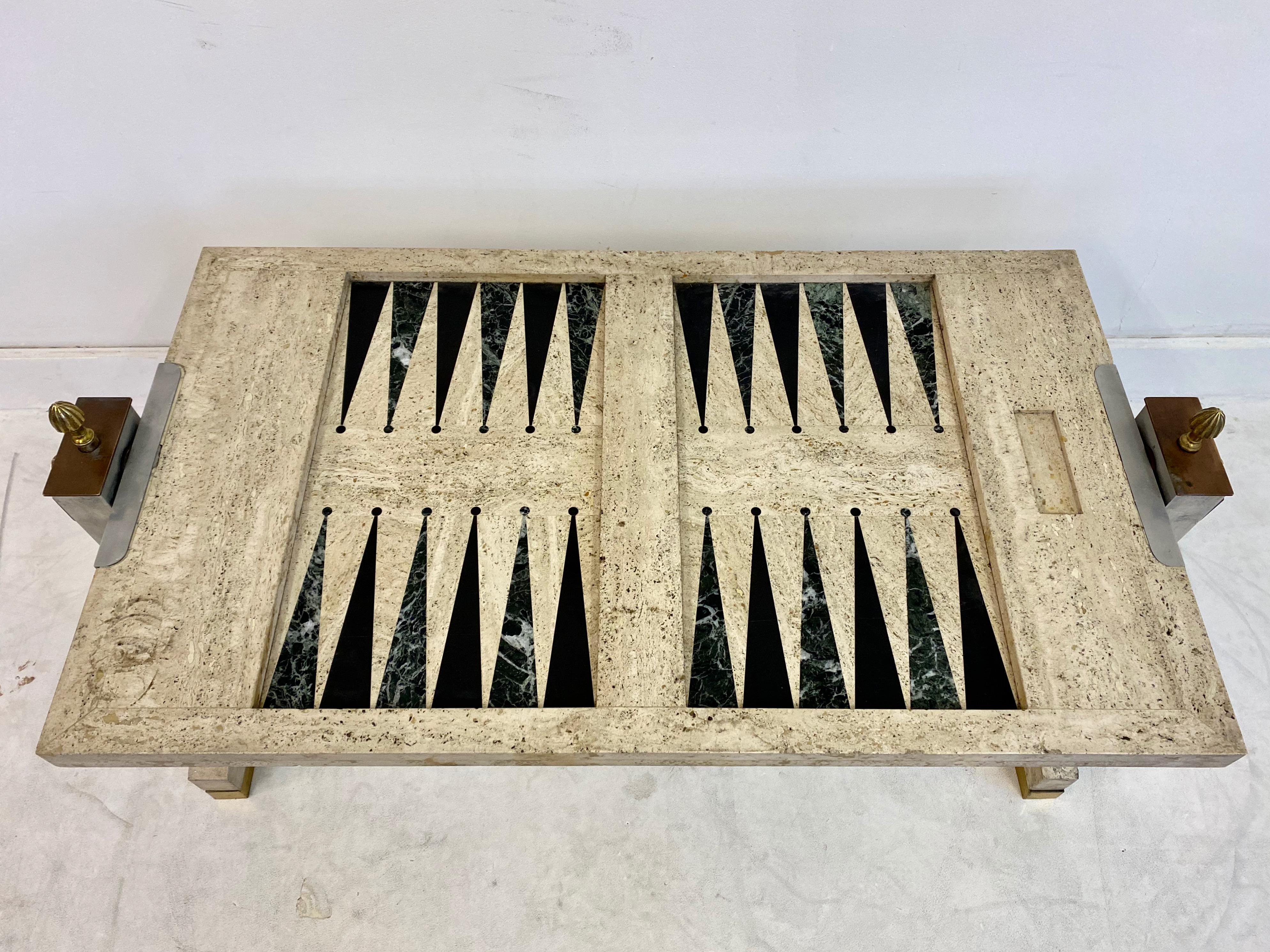 1970s Italian Travertine, Chrome, Brass and Bronze Games Coffee Table 3