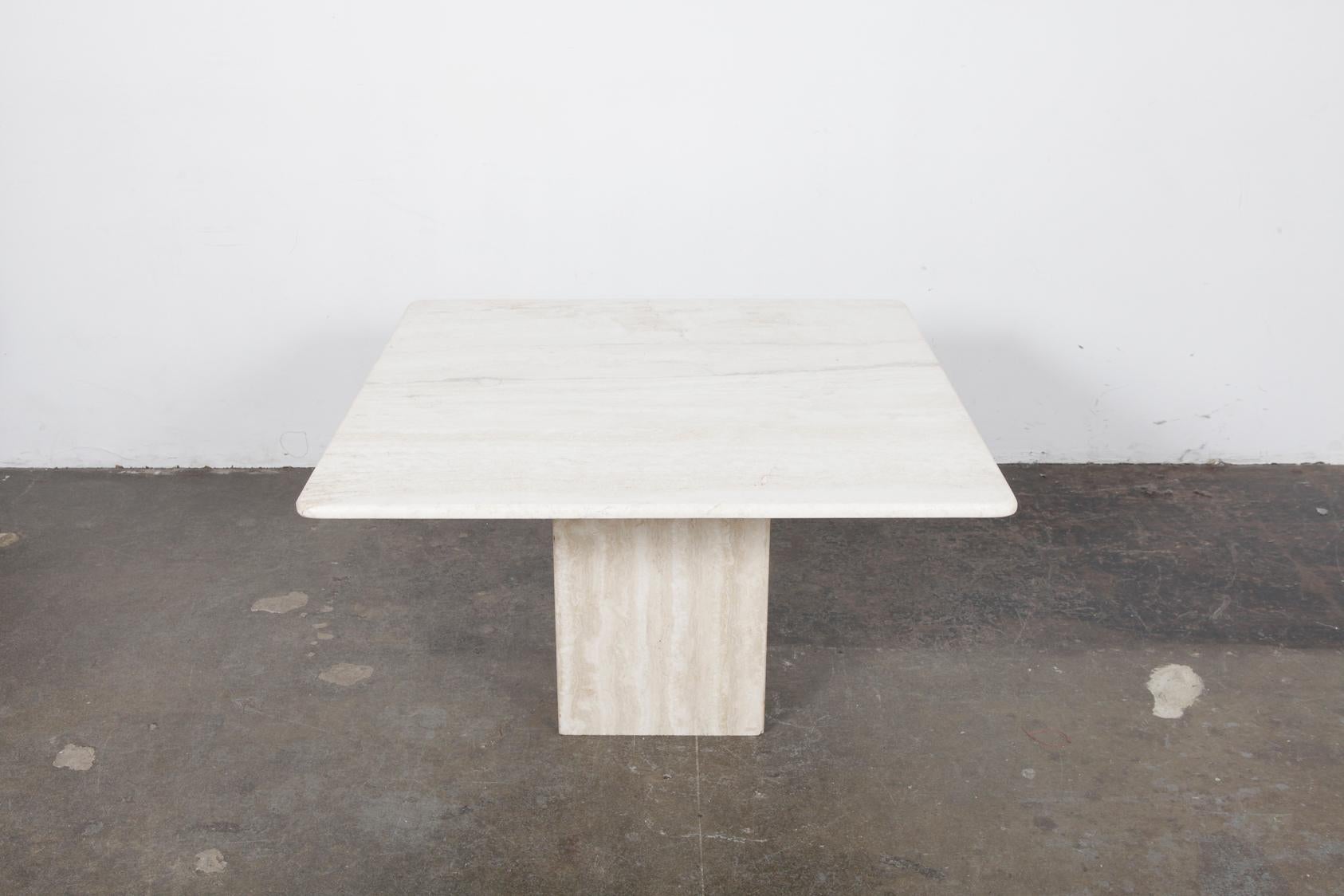 1970s Italian Travertine Square Top Coffee Table with Pedestal Base In Good Condition In North Hollywood, CA