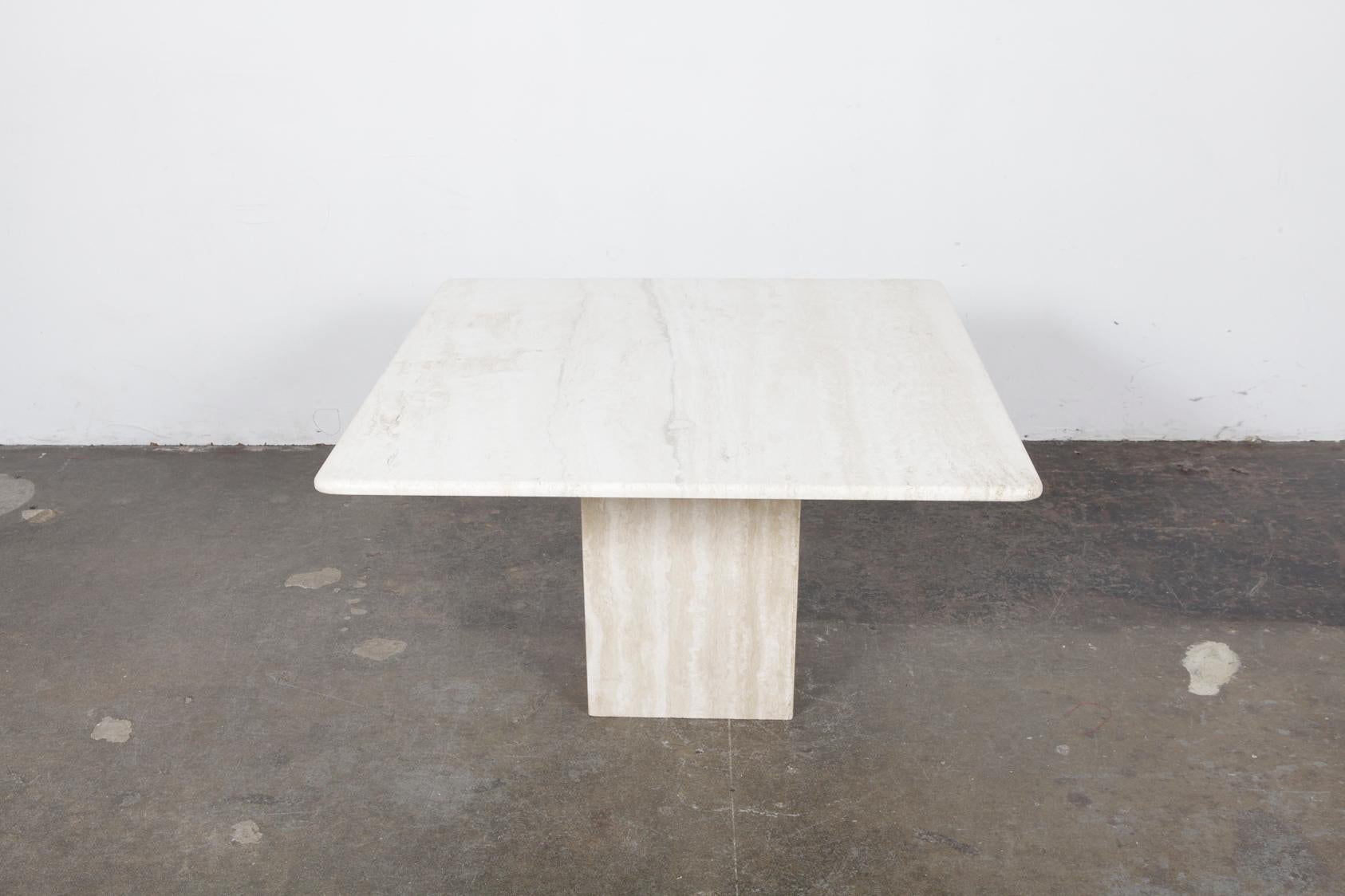 Late 20th Century 1970s Italian Travertine Square Top Coffee Table with Pedestal Base