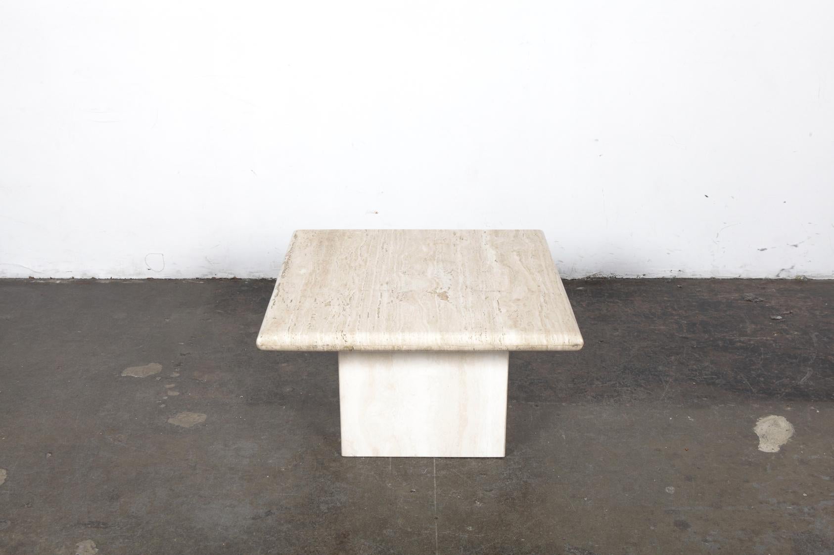 1970s Italian Travertine Square Top End Table with Pedestal Base In Good Condition For Sale In North Hollywood, CA