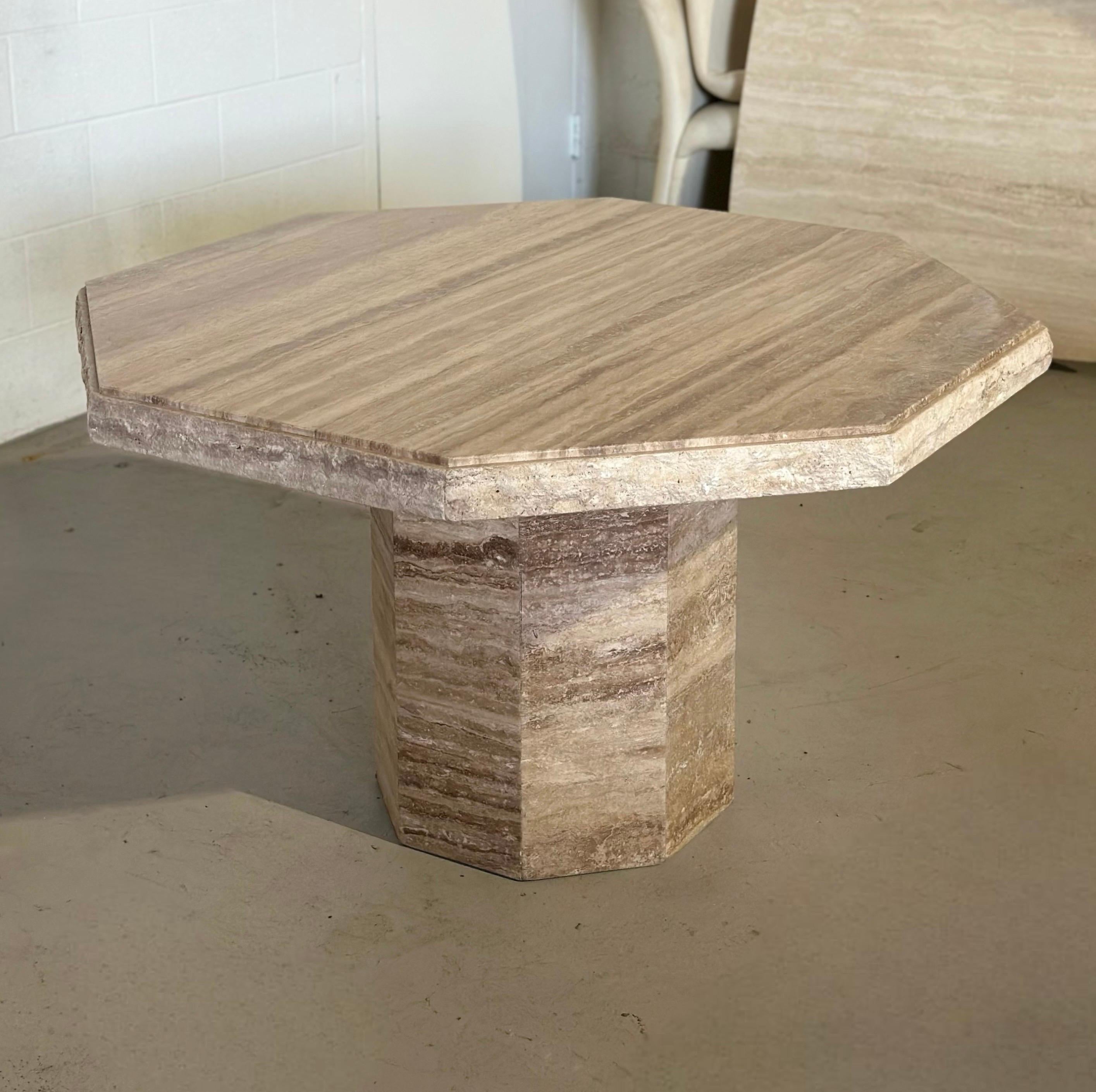 Late 20th Century 1970s Italian Travertine Stone Octagonal Pedestal Dining or Center Table  For Sale