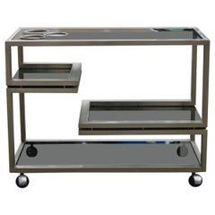 1970s Italian Trolley in Brushed Steel with Minimal and Rationalist Gray Glass