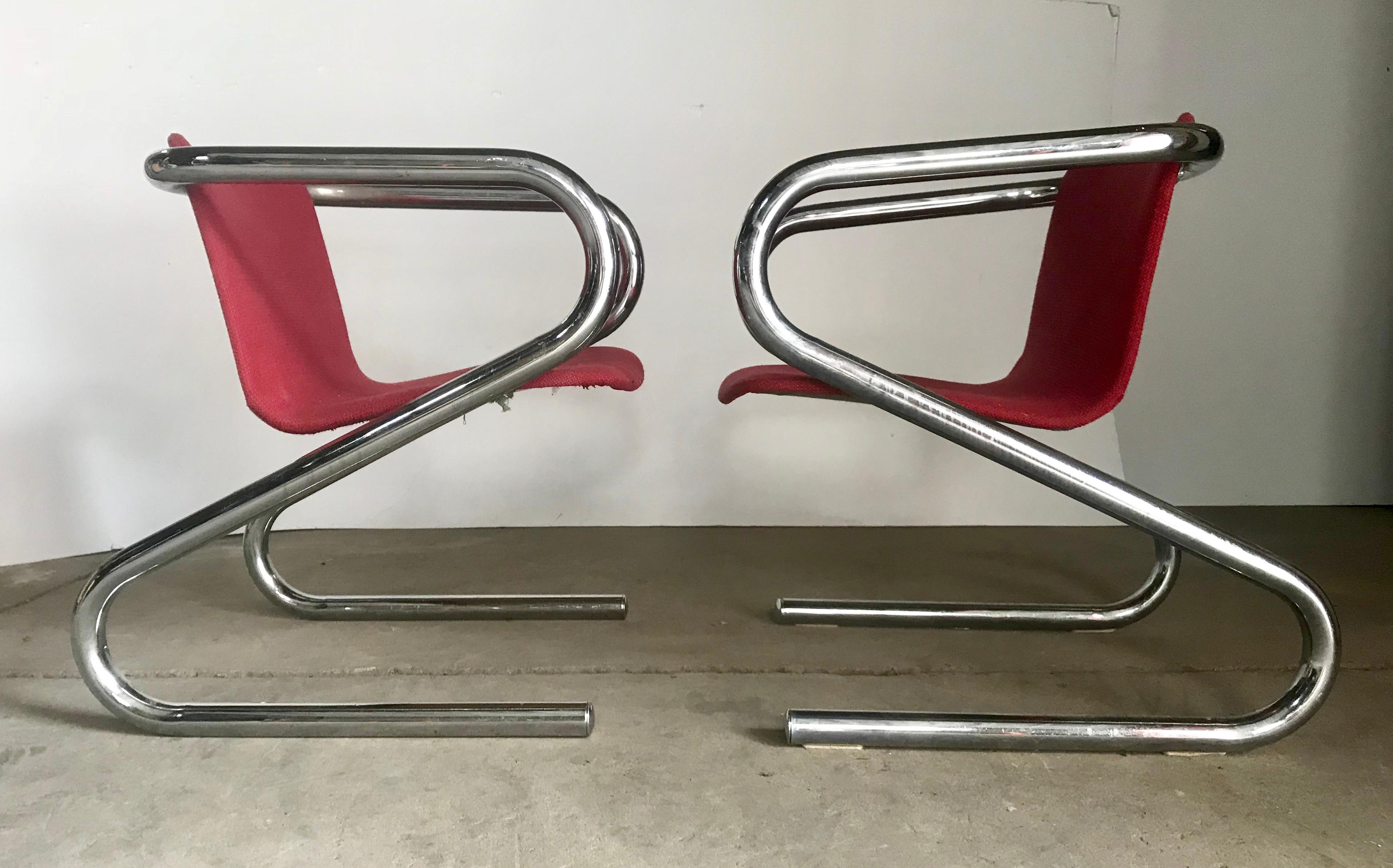 Harvey Guzzini, Italy attribution, 1970s pop modernist, Space Age lounge chairs, Classic design, extremely comfortable, retain original rich coral color wool fabric, hand delivery avail to New York City or anywhere en route from Buffalo NY.