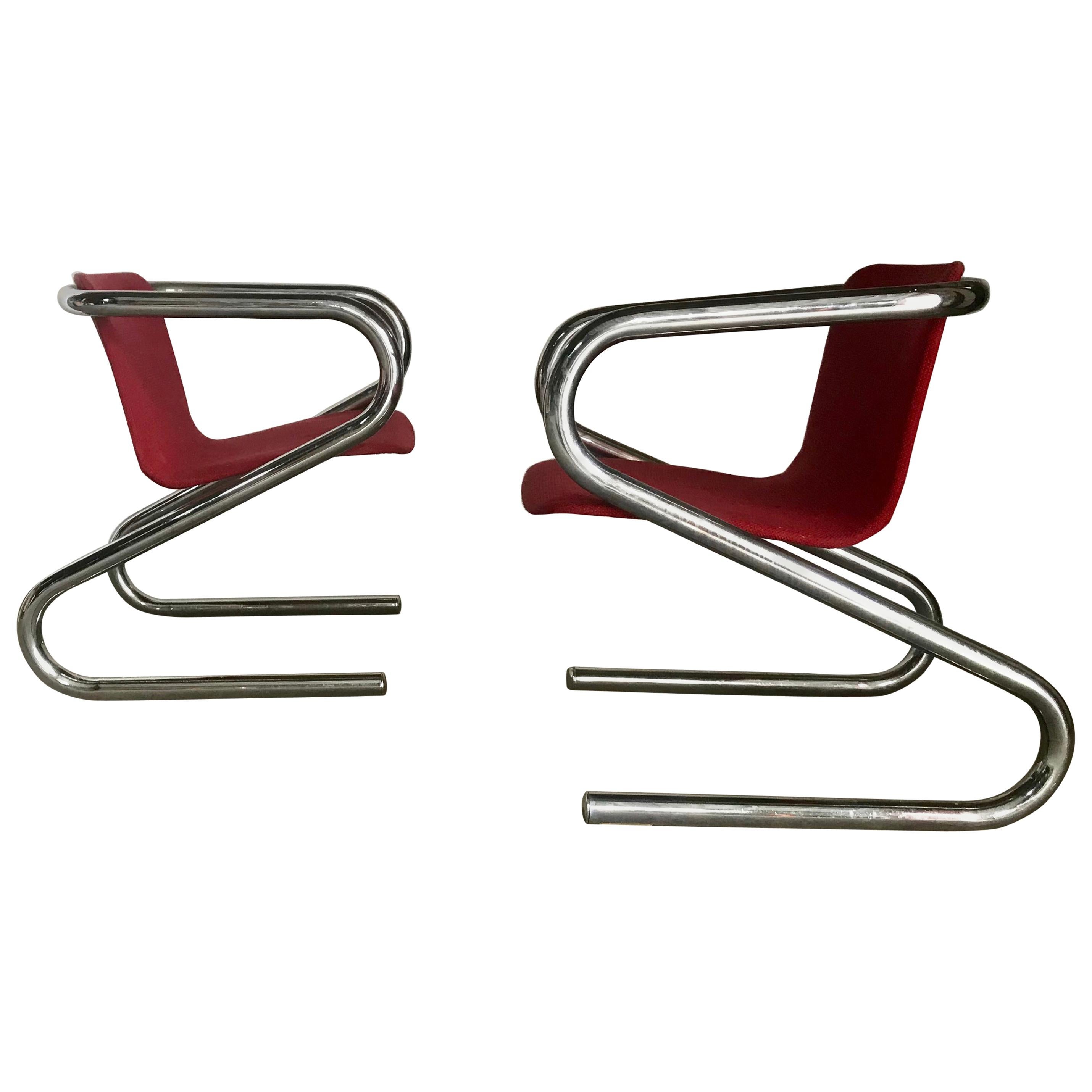1970s Italian Tubular Chrome "Z" Lounge Chairs Attributed to Harvey Guzzini