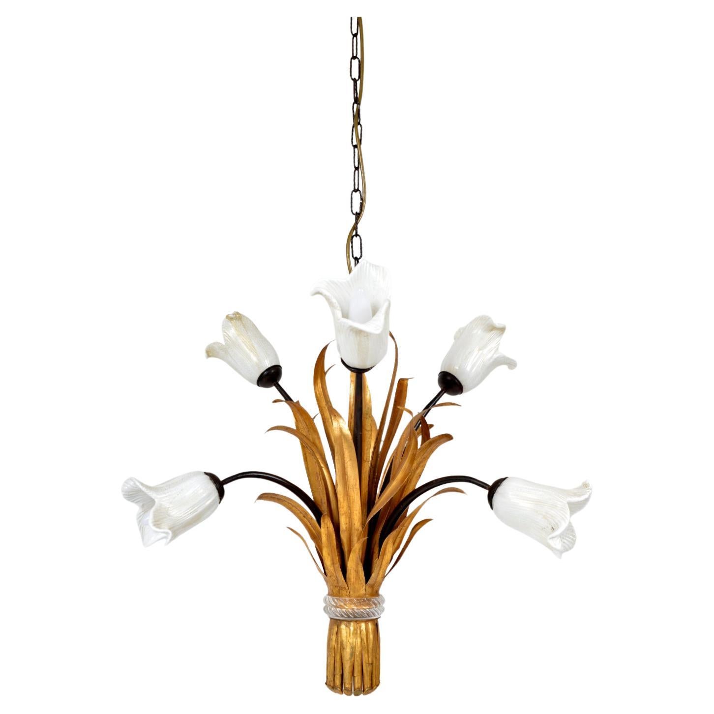 1970s Italian Tulipani Chandelier Banci Firenze Murano Glass Hollywood Regency 