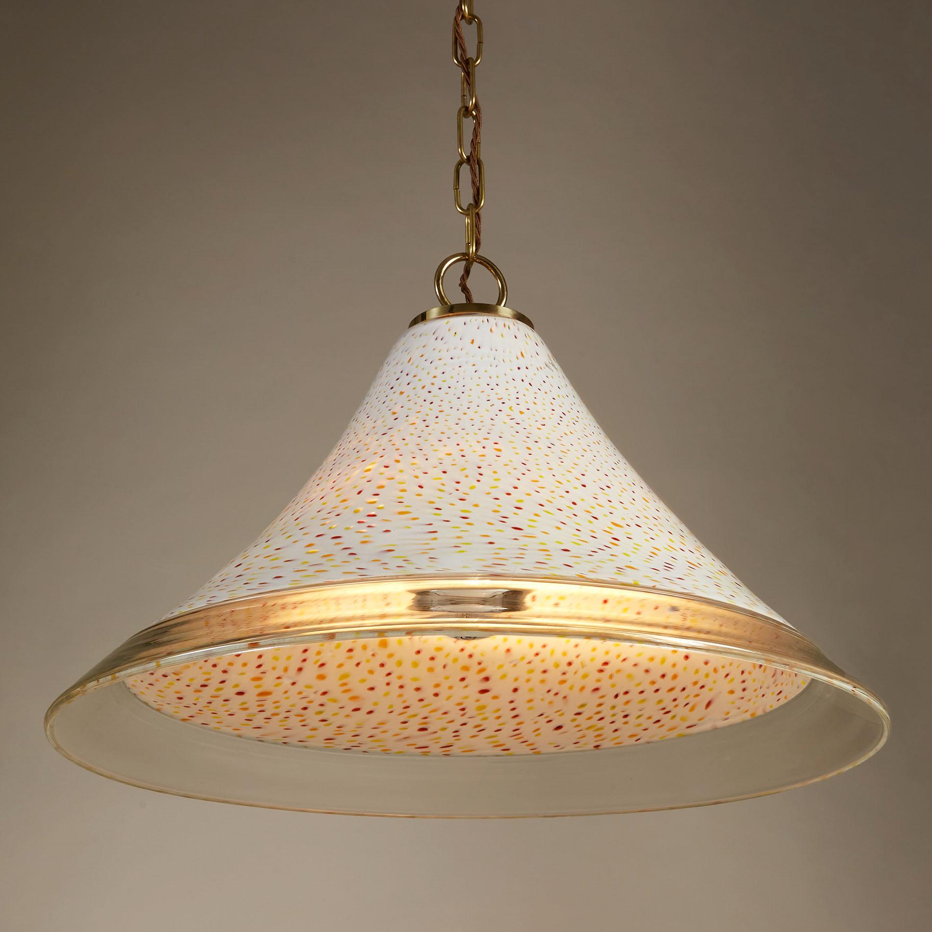 Murano glass conical shade dramatically speckled in red, orange and yellow over a smooth white ground – contemporary brass fittings. 

Two available

Re-wired and PAT tested.

Measures: 33cm drop (excl. chain) x 52cm diameter. each.