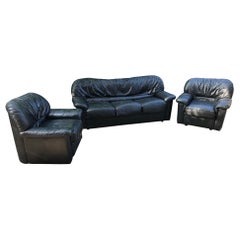 1970
s Italian Two Armchairs and a Sofa Black Leather