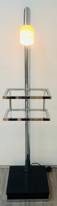 1970s Italian Two Clear Glass Shelf Chromed Metal Floor Lamp Angled Shade