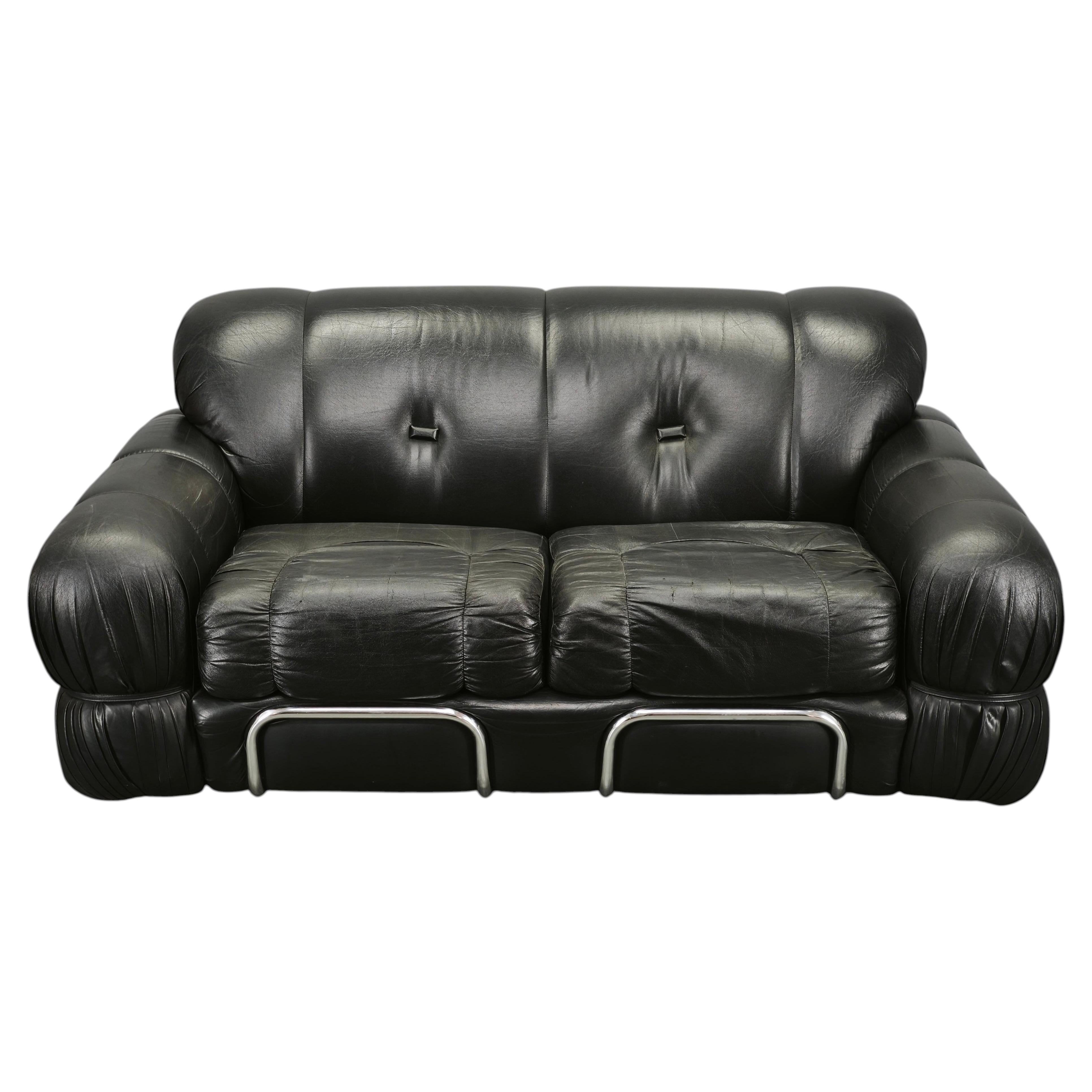 1970s Italian Two-Seat Sofa by Adriano Piazzesi in Chrome and Leatherette