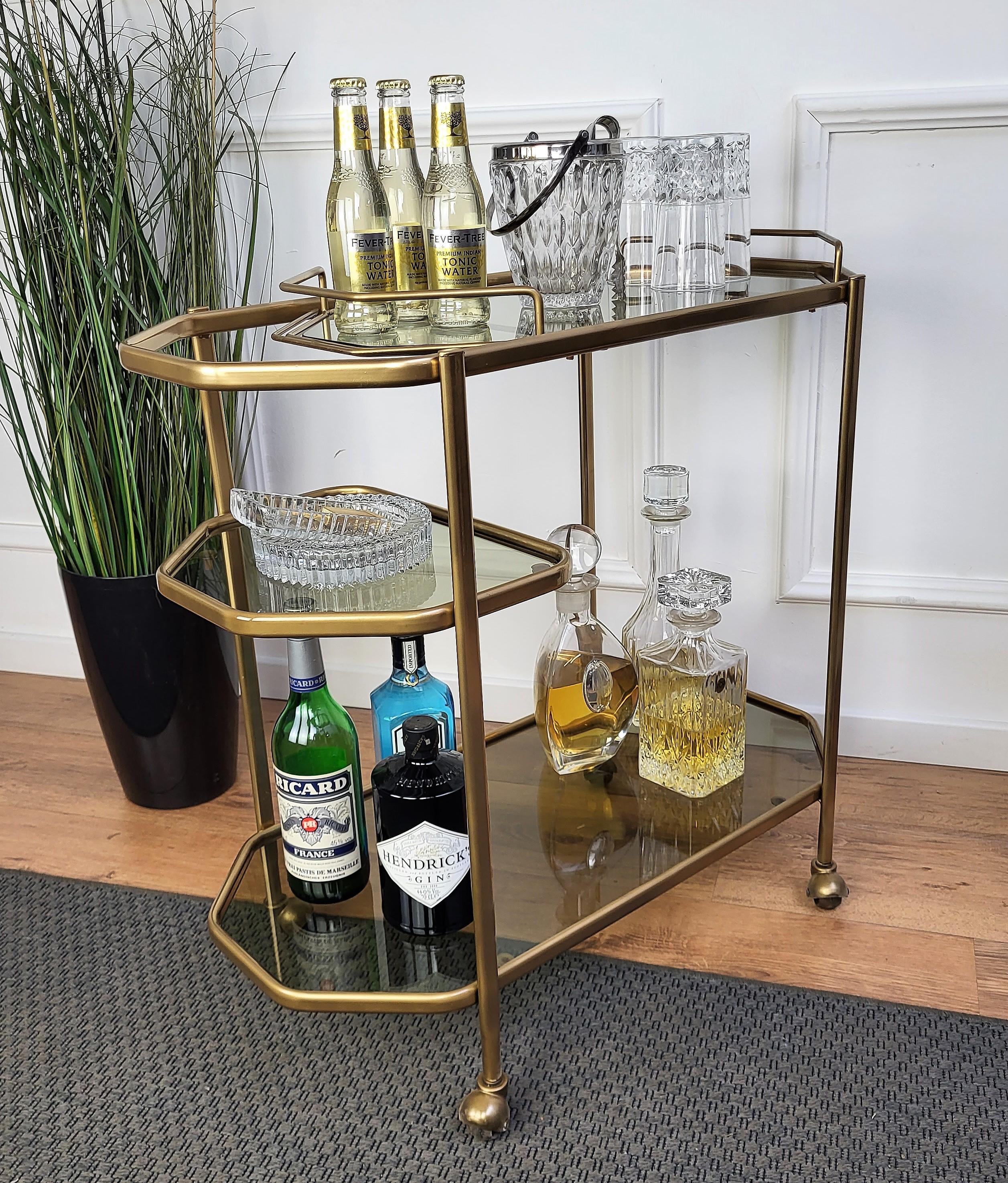 Hollywood Regency 1970s Italian Two-Tier Brass Glass Octagonal Bar Cart with Removable Top Tray For Sale