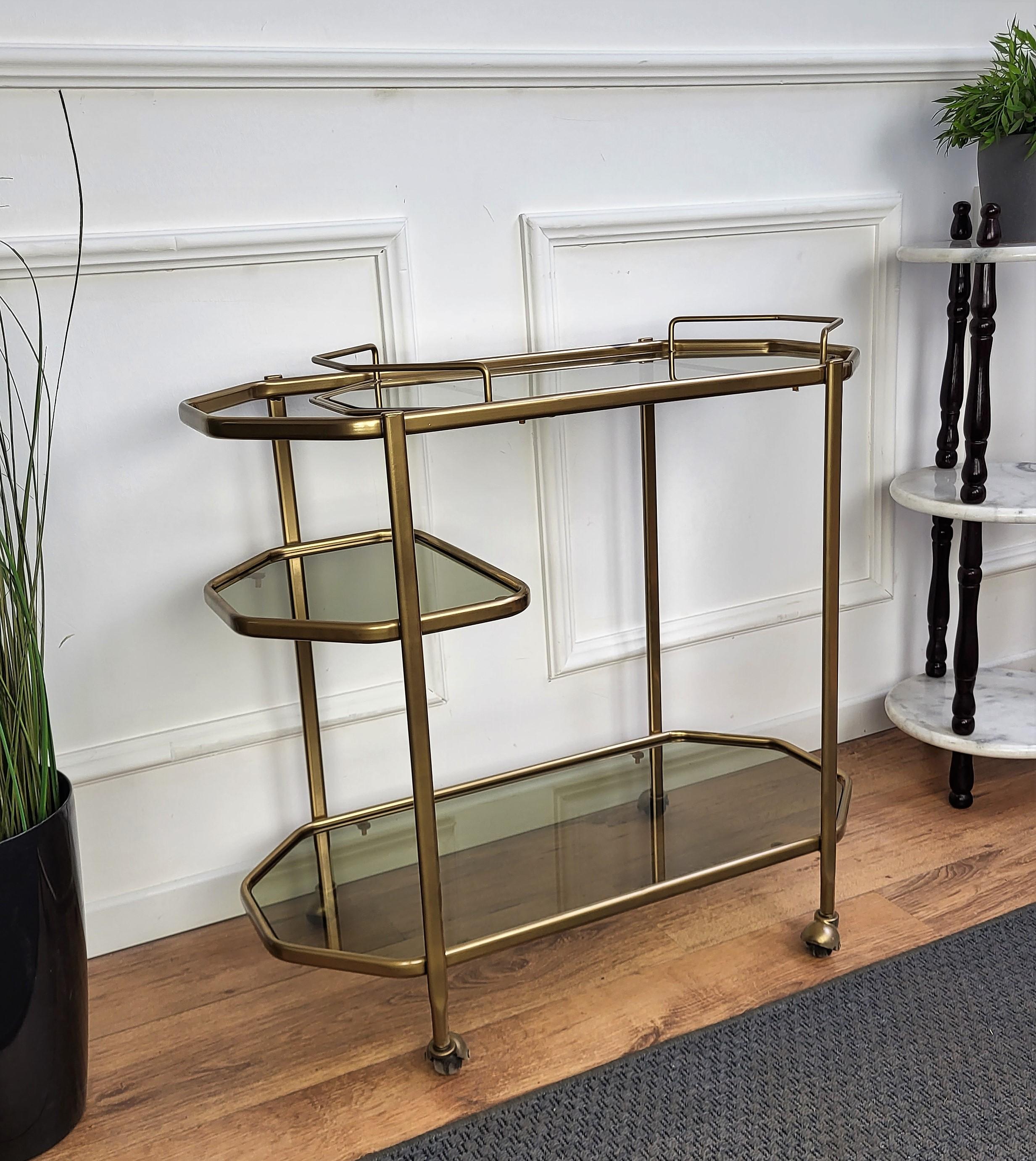 20th Century 1970s Italian Two-Tier Brass Glass Octagonal Bar Cart with Removable Top Tray For Sale