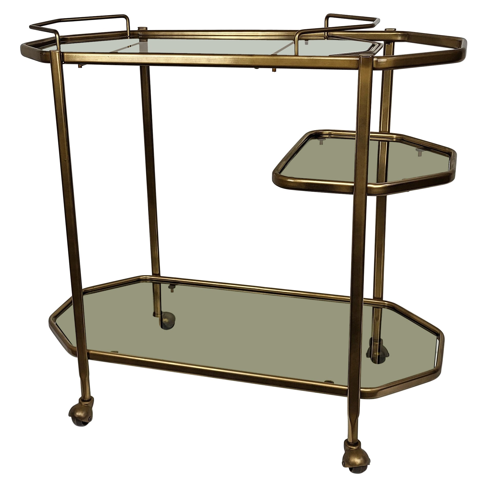 Chariot de bar octogonal italien des années 1970 à deux niveaux en laiton et verre avec plateau supérieur amovible