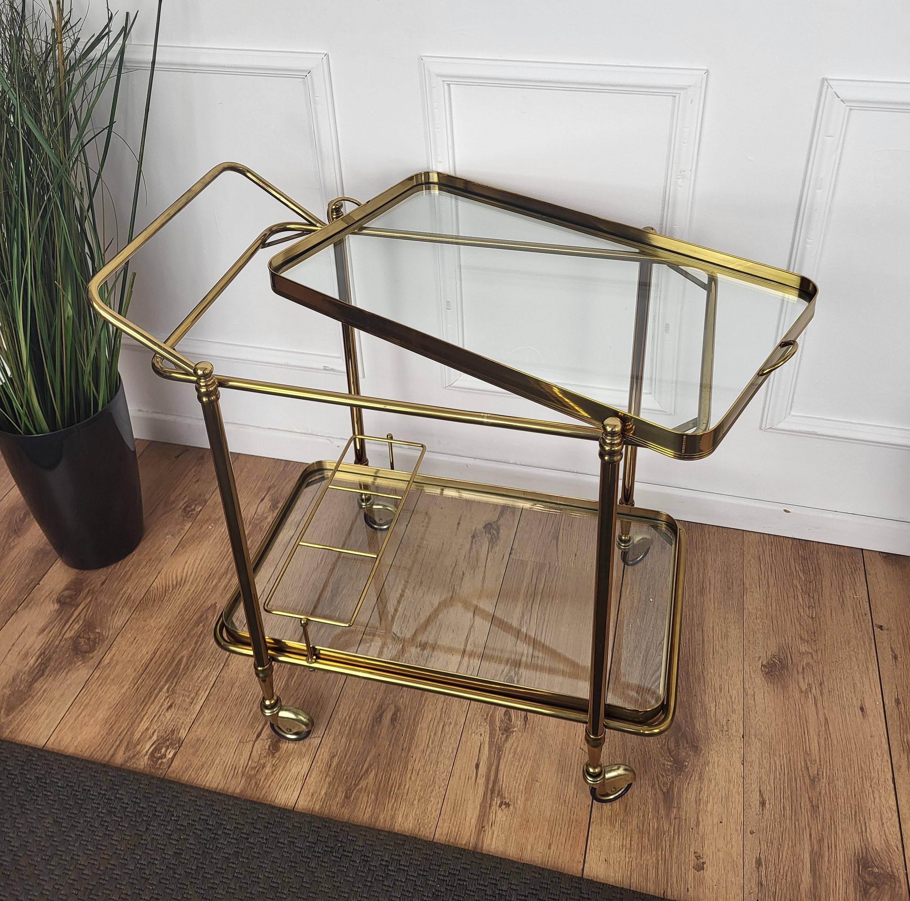 Hollywood Regency 1970s Italian Two-Tier Gilt Brass Glass Bar Cart with Removable Top Tray