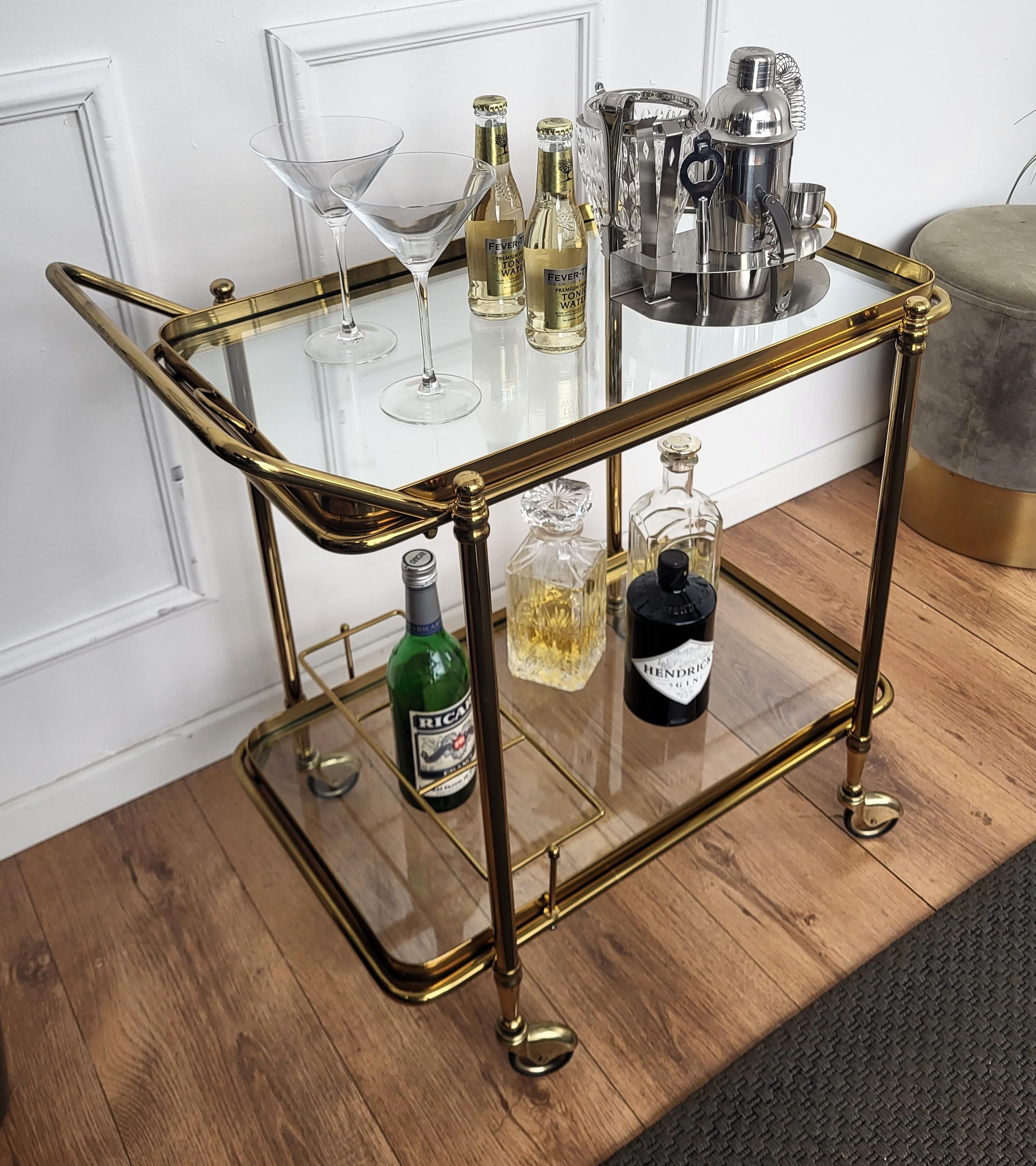 20th Century 1970s Italian Two-Tier Gilt Brass Glass Bar Cart with Removable Top Tray