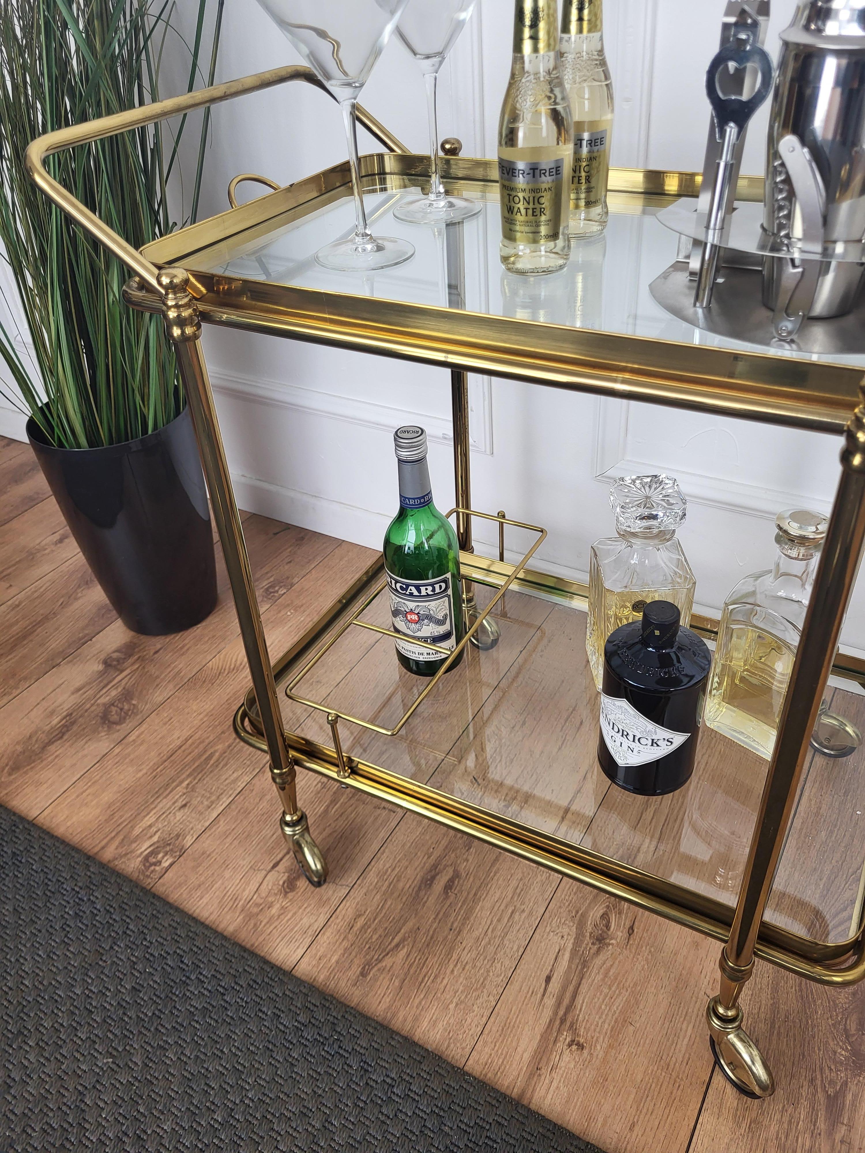 1970s Italian Two-Tier Gilt Brass Glass Bar Cart with Removable Top Tray 1