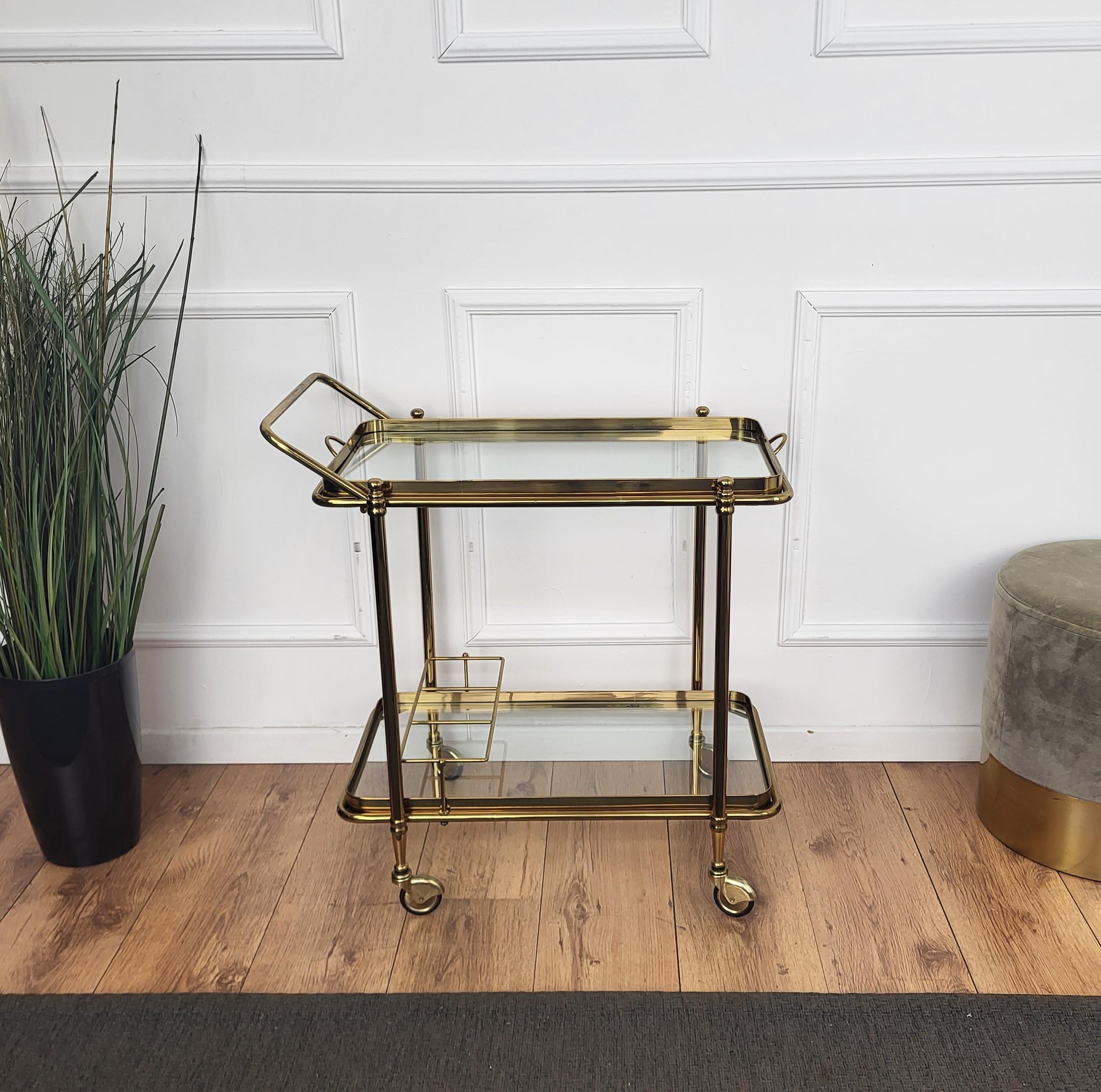 1970s Italian Two-Tier Gilt Brass Glass Bar Cart with Removable Top Tray 2