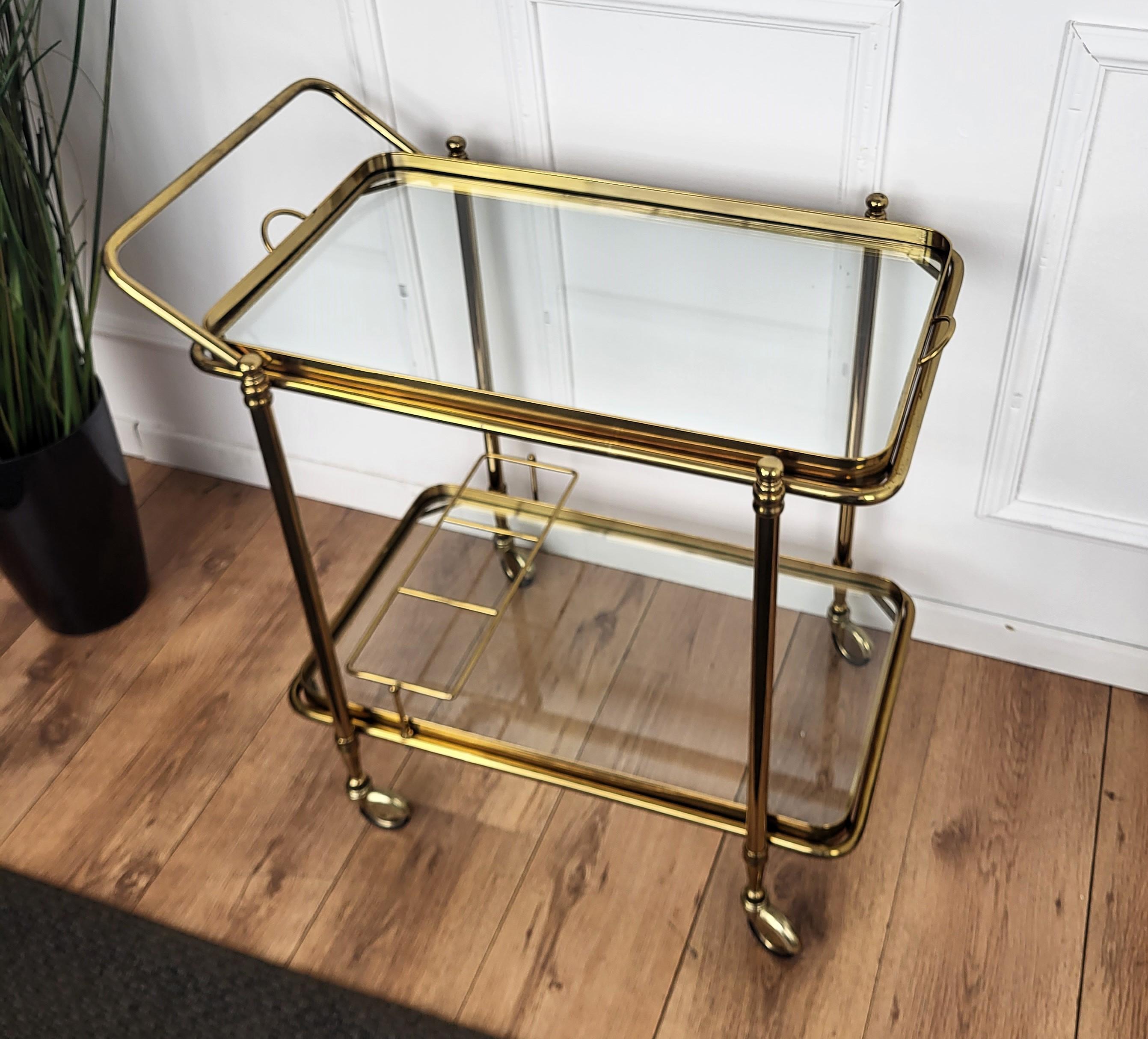 1970s Italian Two-Tier Gilt Brass Glass Bar Cart with Removable Top Tray 3