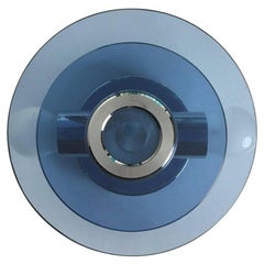 1970s Italian Two-Tiered Round Navy Blue Glass and Chrome Wall Sconce