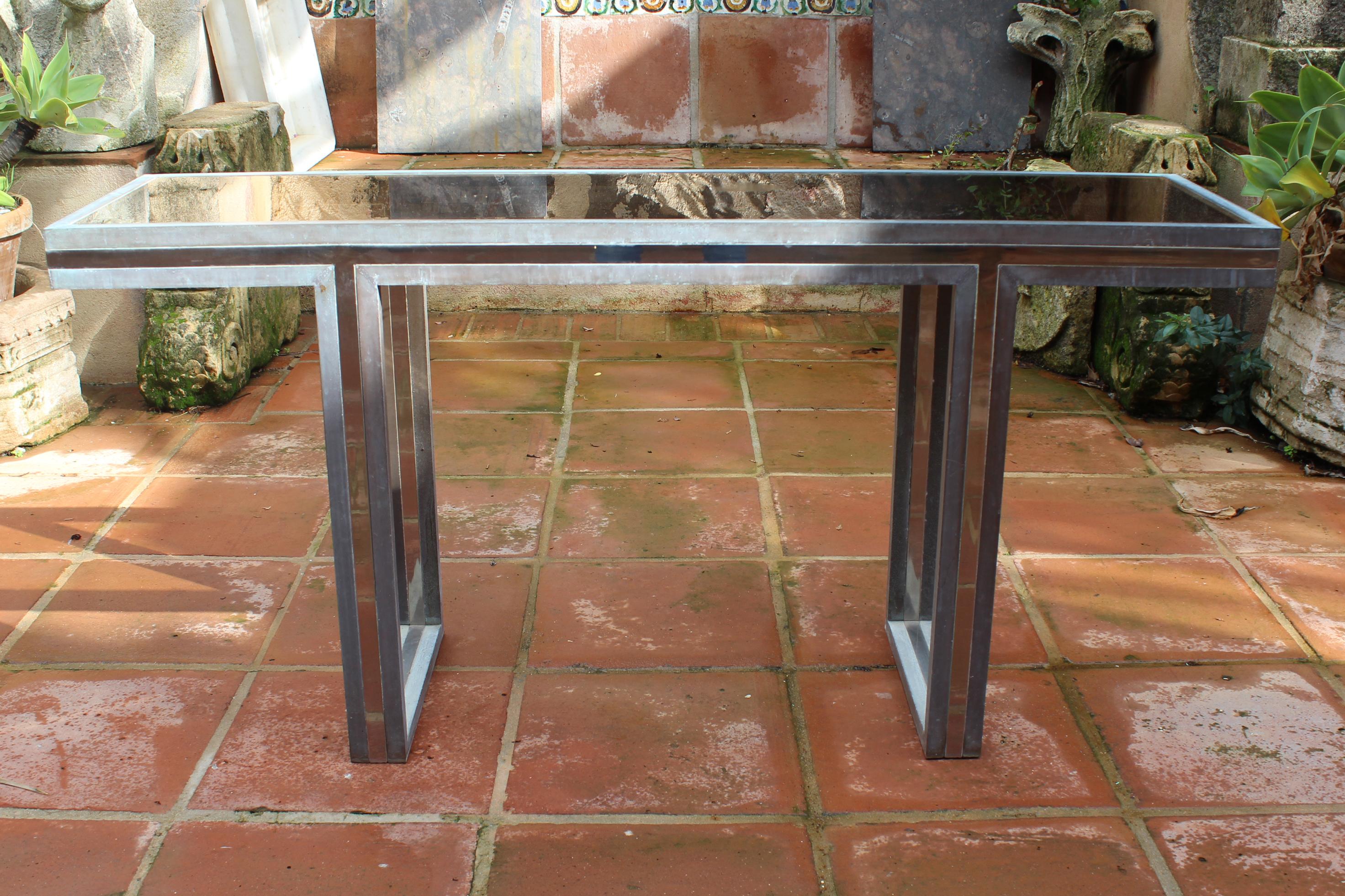 1970s Italian Two-Tone Brass Console Table with Period Smoked Glass Top 7