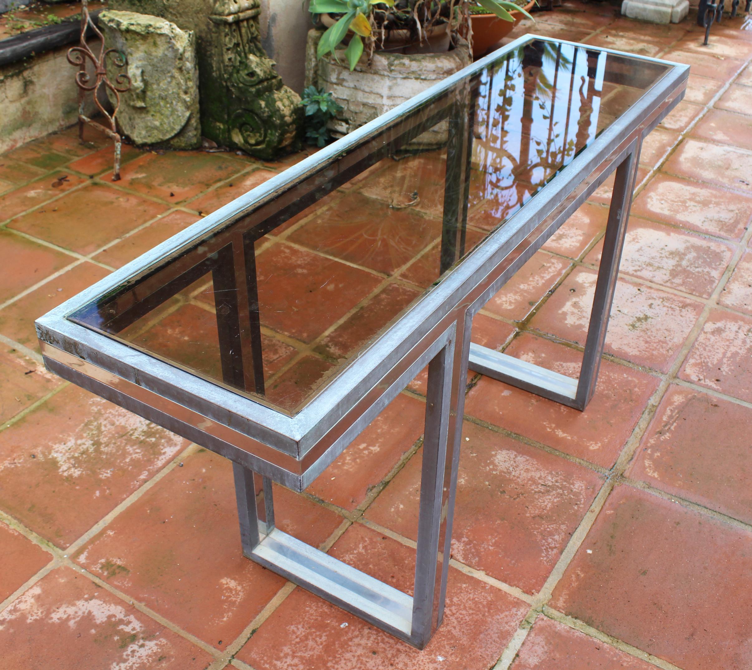 20th Century 1970s Italian Two-Tone Brass Console Table with Period Smoked Glass Top