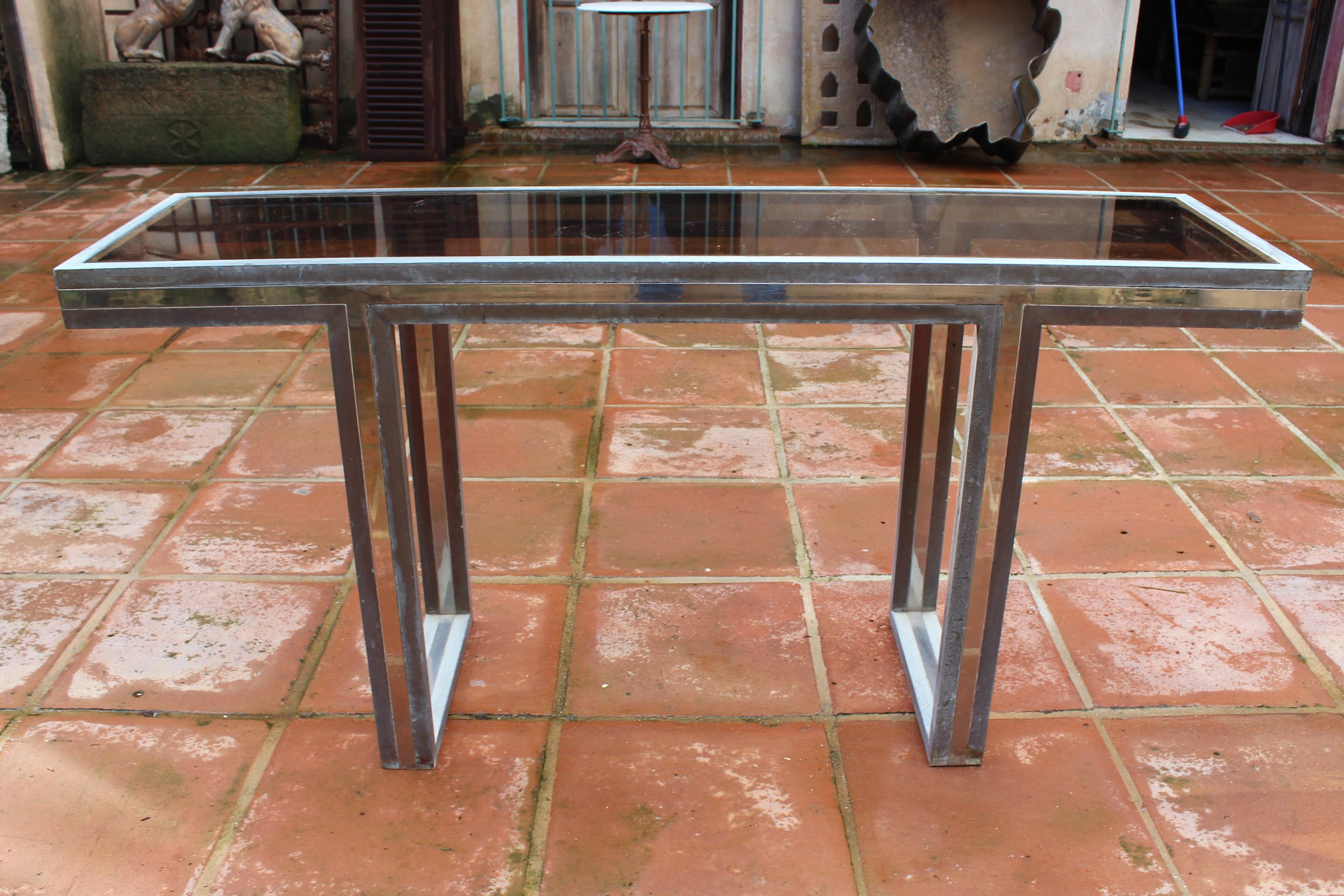 1970s Italian Two-Tone Brass Console Table with Period Smoked Glass Top 3