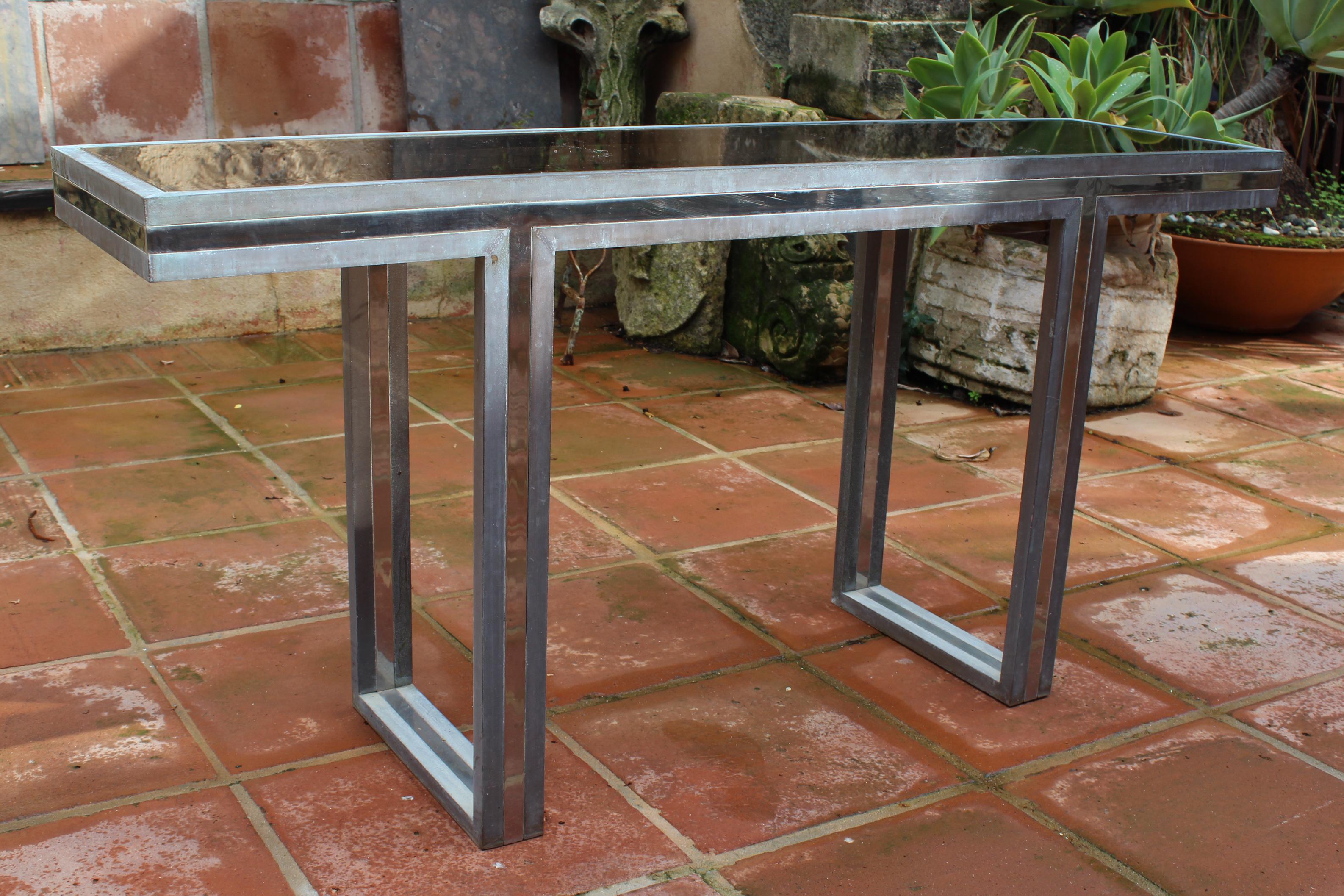 1970s Italian Two-Tone Brass Console Table with Period Smoked Glass Top 5