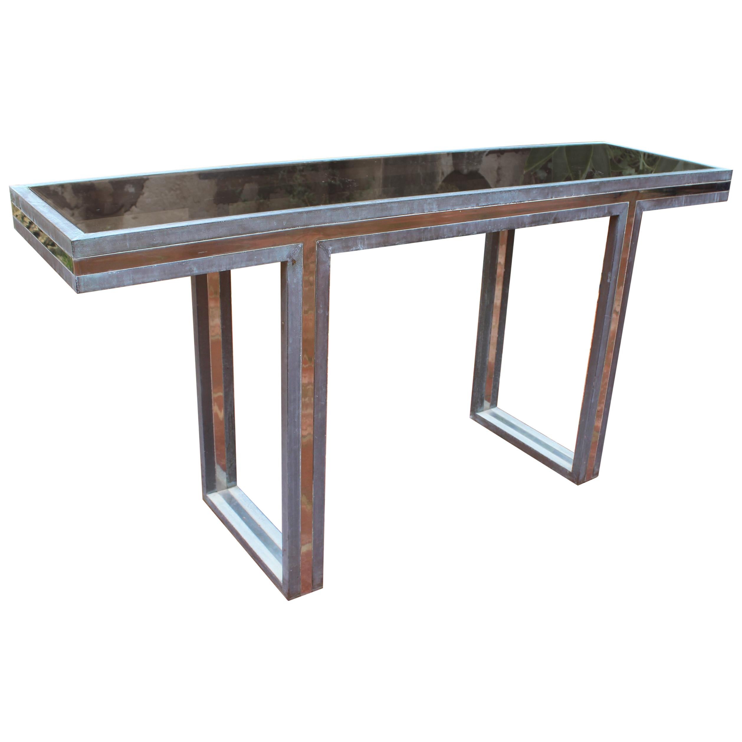 1970s Italian Two-Tone Brass Console Table with Period Smoked Glass Top
