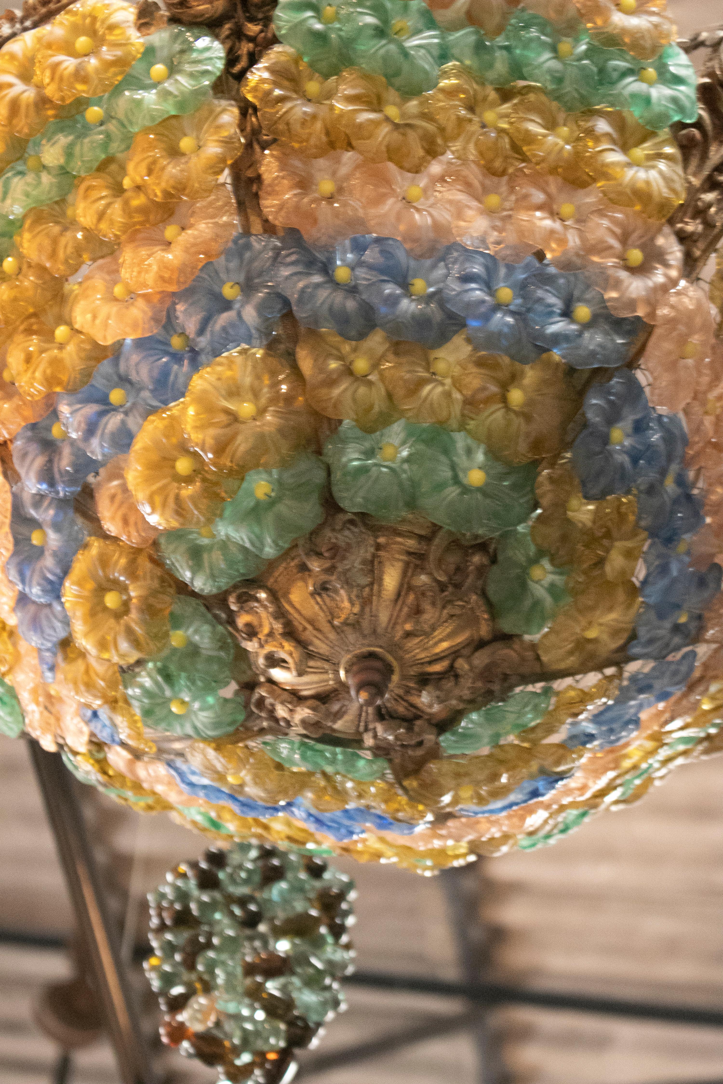 1970s Italian Venetian Murano Glass Ceiling Lamp w/ Grapes & Flowers 3