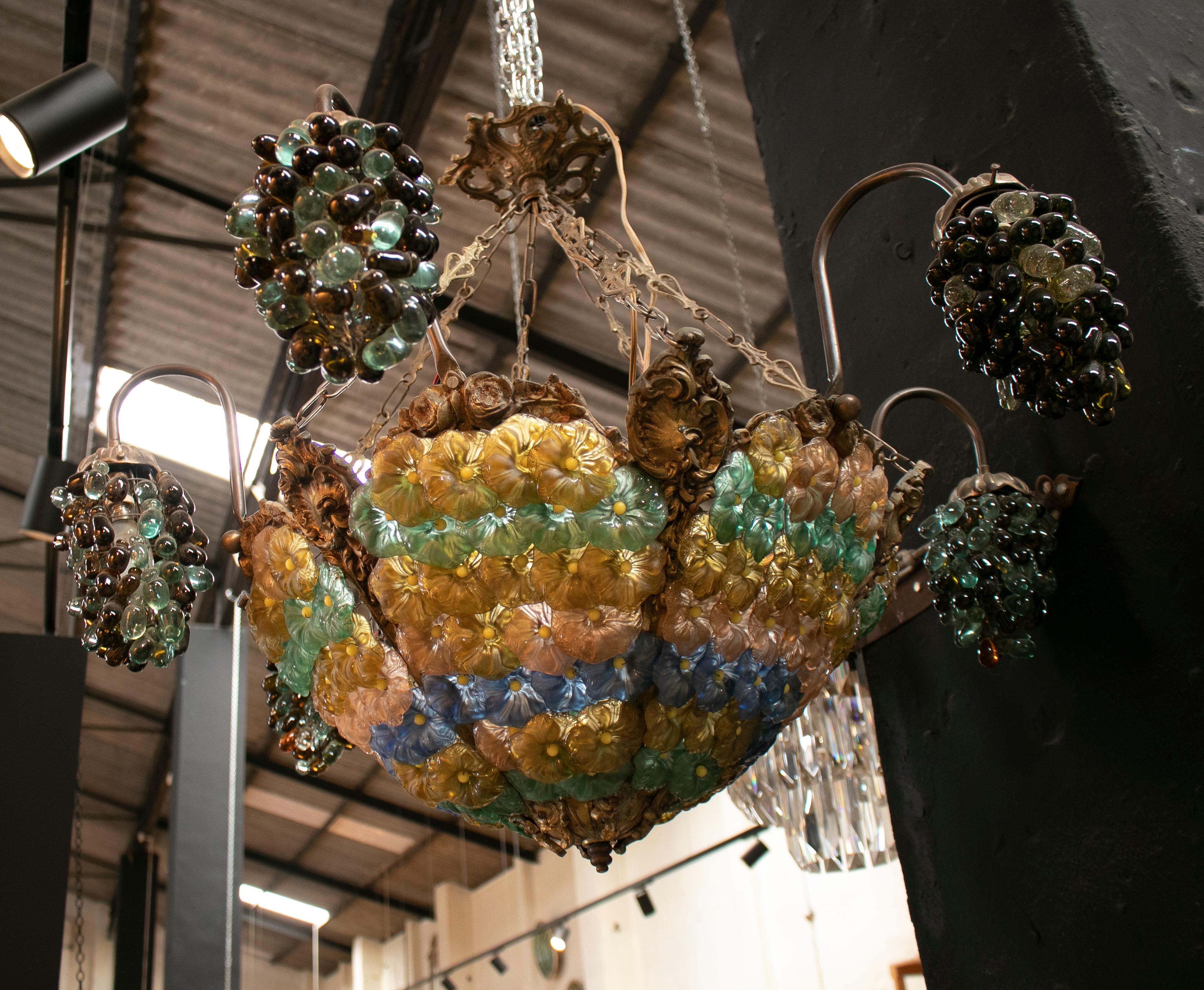 1970s Italian Venetian Murano glass ceiling lamp with grapes and flowers.