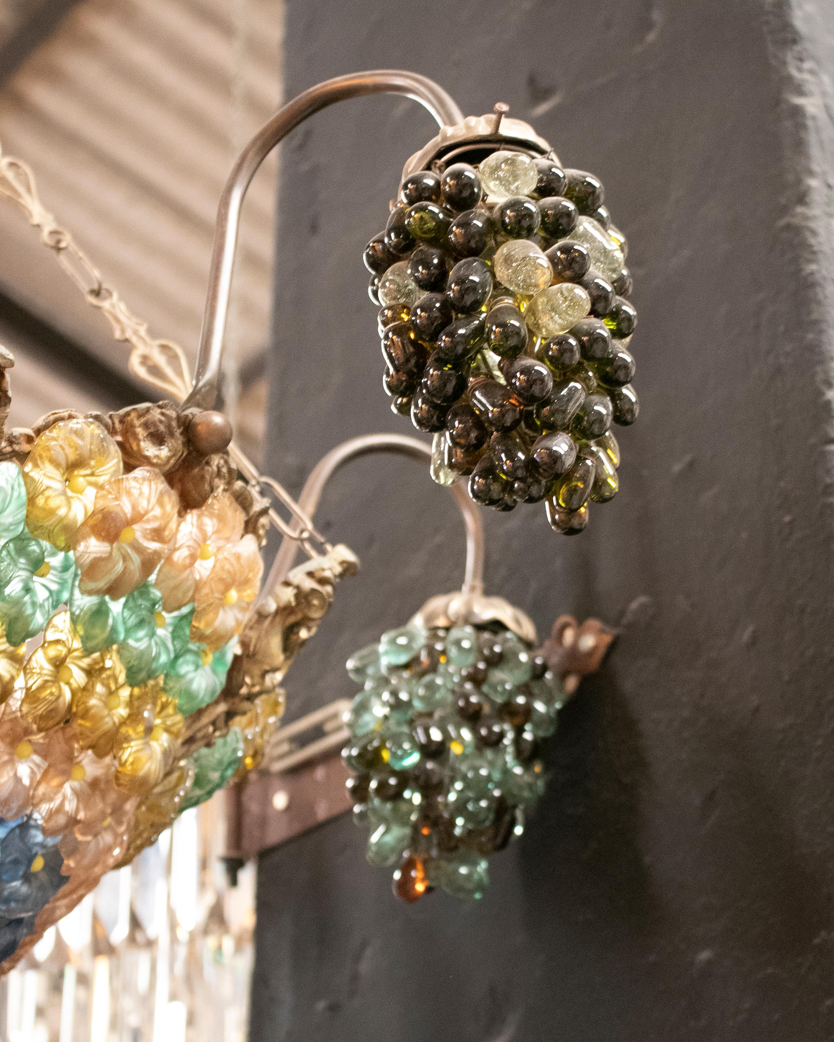20th Century 1970s Italian Venetian Murano Glass Ceiling Lamp w/ Grapes & Flowers