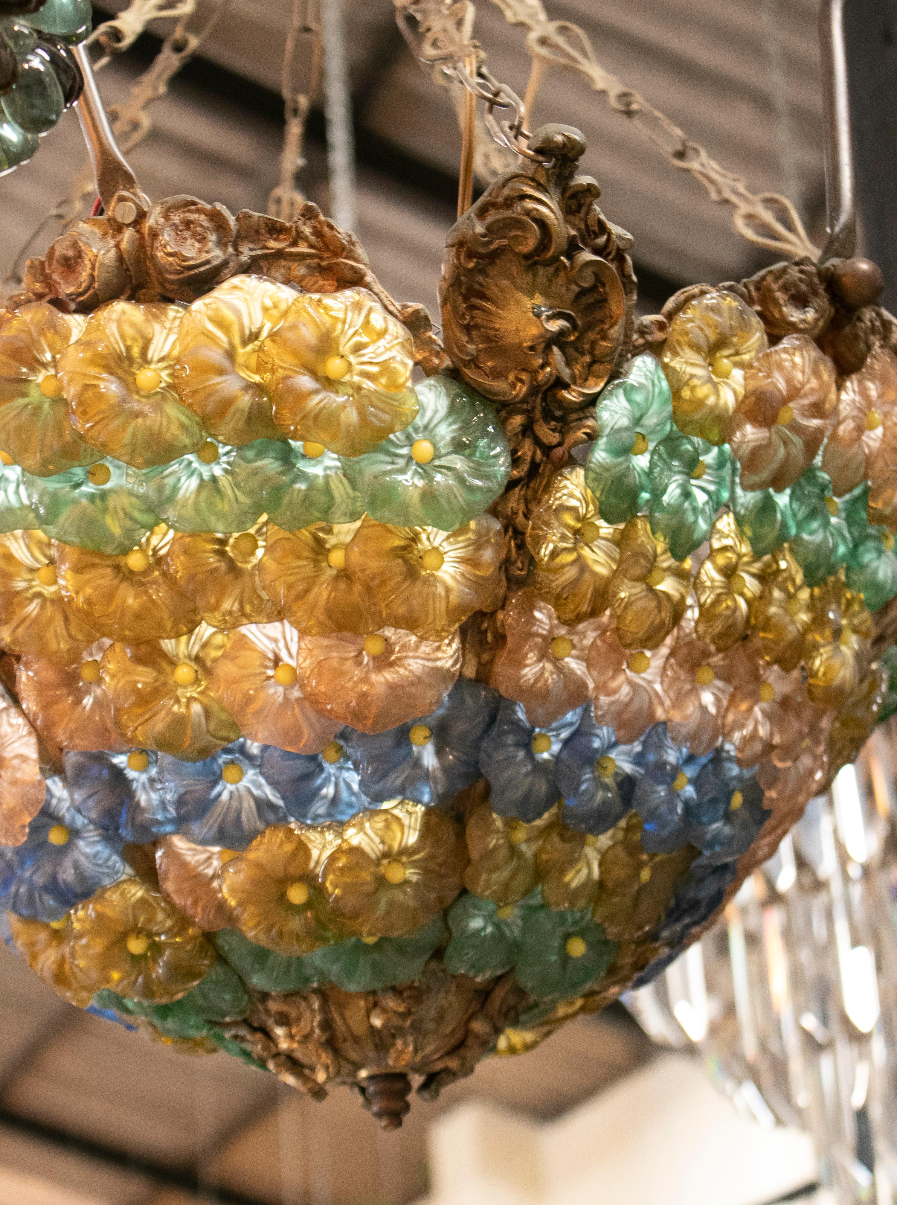 Art Glass 1970s Italian Venetian Murano Glass Ceiling Lamp w/ Grapes & Flowers