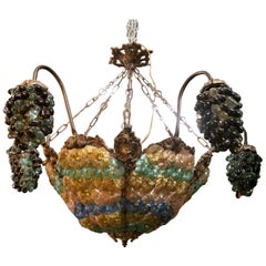 Vintage 1970s Italian Venetian Murano Glass Ceiling Lamp w/ Grapes & Flowers