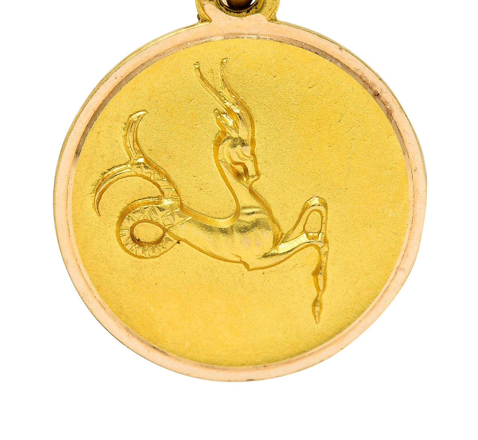 Women's or Men's 1970's Italian Vintage 18 Karat Gold Framed Capricorn Zodiac Charm