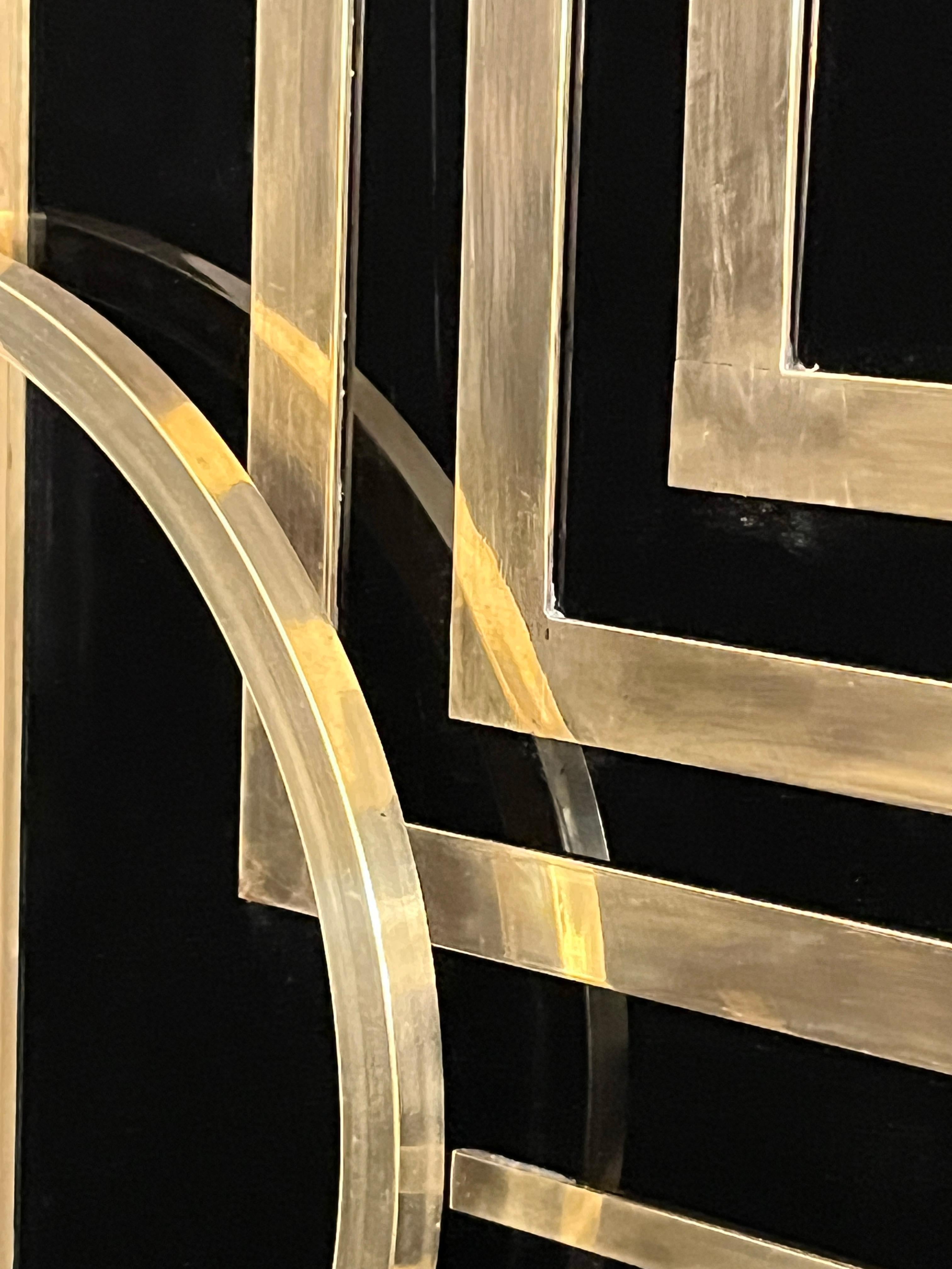 1970s Italian Vintage Art Deco Geometric Gold Brass & Black Glass Tall Cabinet For Sale 4