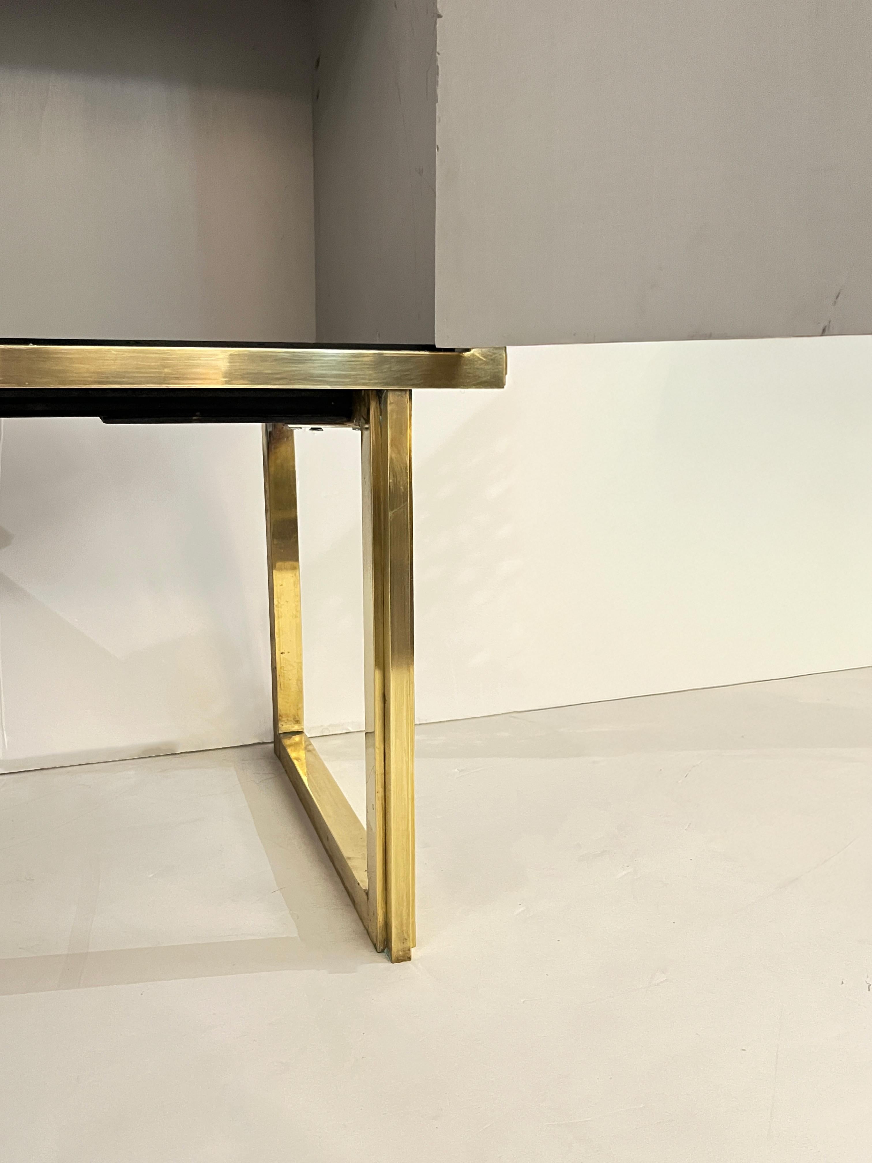 1970s Italian Vintage Art Deco Geometric Gold Brass & Black Glass Tall Cabinet For Sale 5