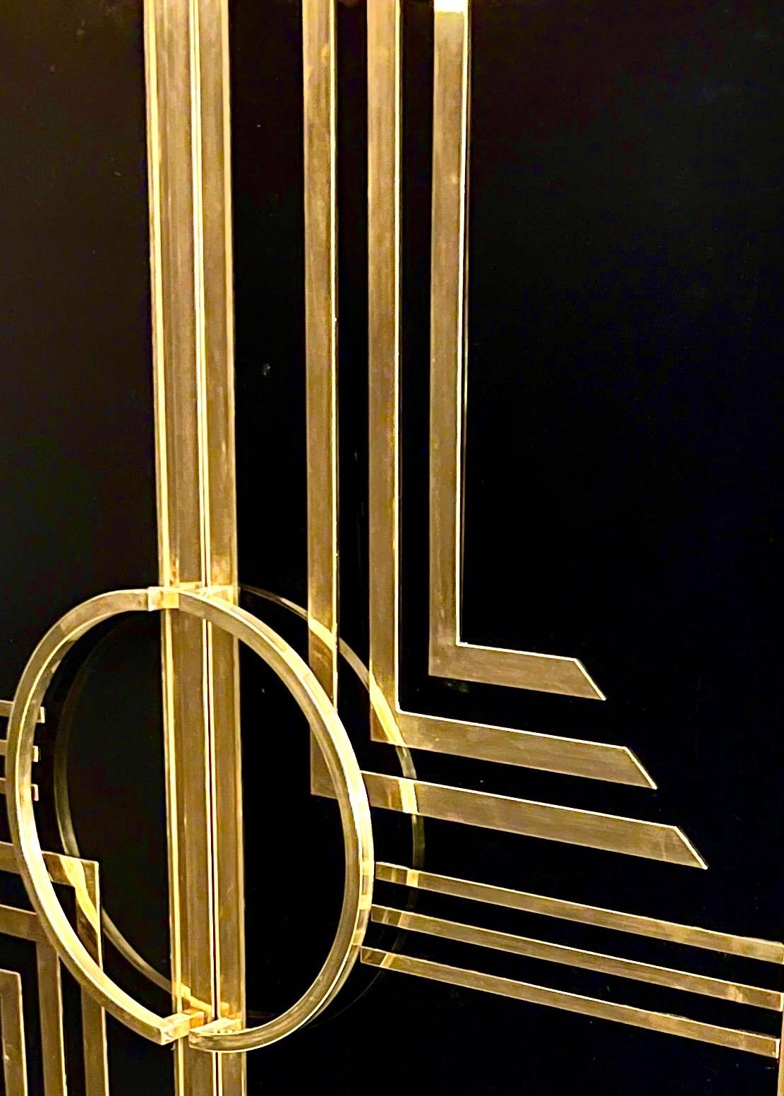 1970s Italian Vintage Art Deco Geometric Gold Brass & Black Glass Tall Cabinet For Sale 6