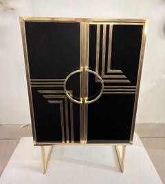 1970s Italian Vintage Art Deco Geometric Gold Brass & Black Glass Tall Cabinet