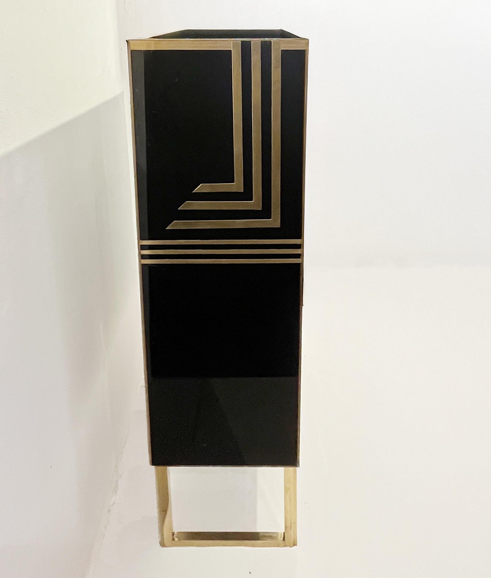 Mid-Century Modern 1970s Italian Vintage Art Deco Geometric Gold Brass & Black Glass Tall Cabinet For Sale