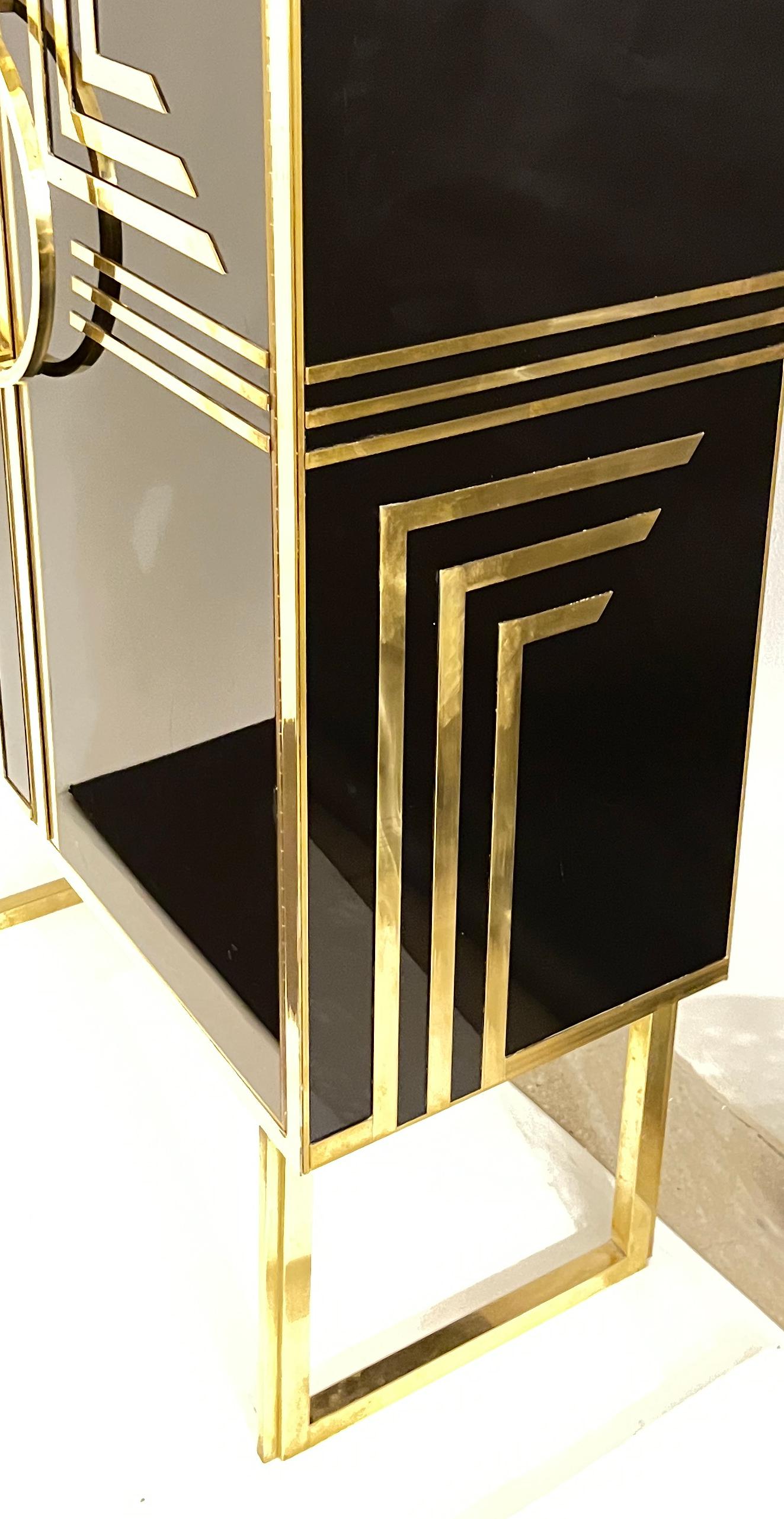 Hand-Crafted 1970s Italian Vintage Art Deco Geometric Gold Brass & Black Glass Tall Cabinet For Sale