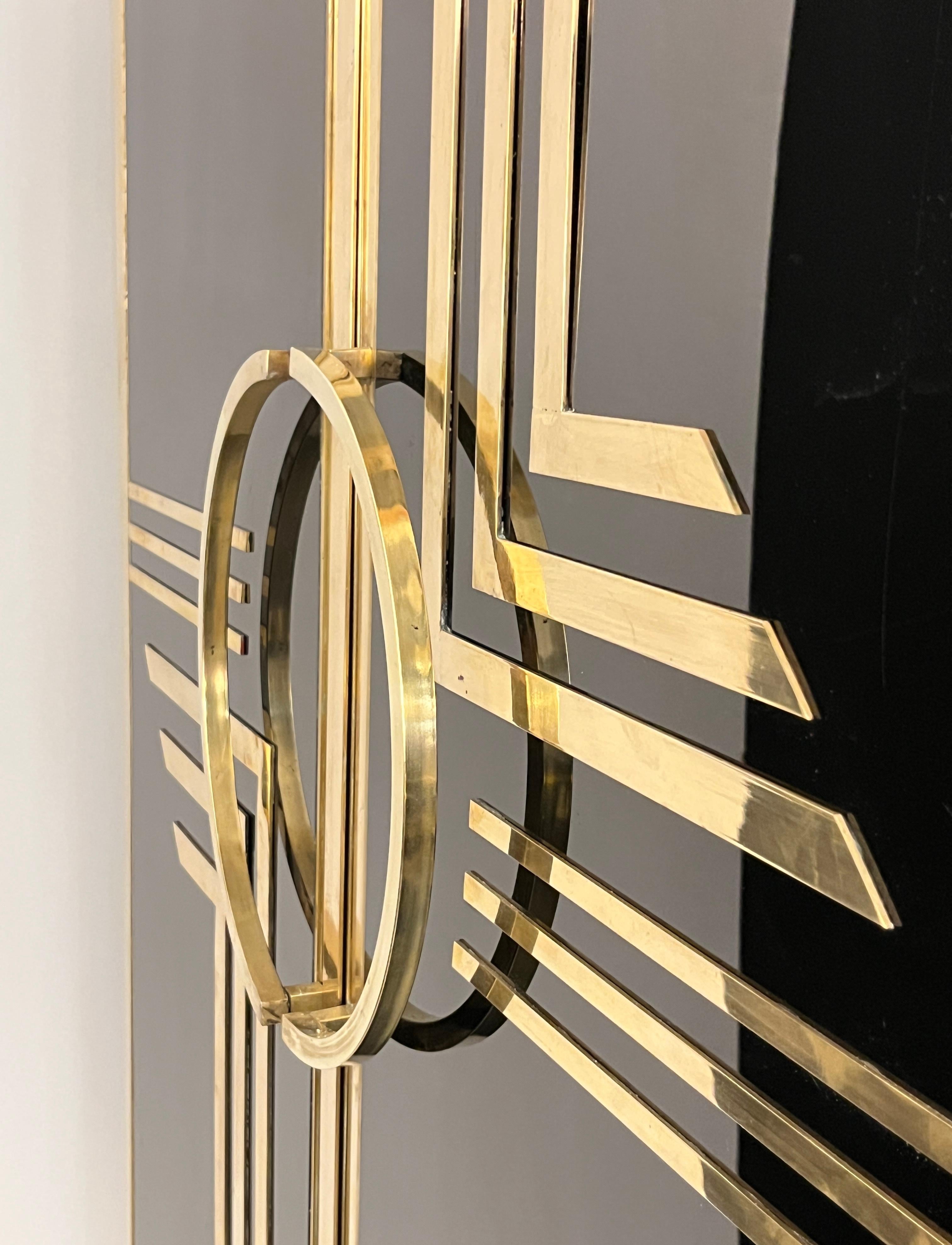 20th Century 1970s Italian Vintage Art Deco Geometric Gold Brass & Black Glass Tall Cabinet For Sale