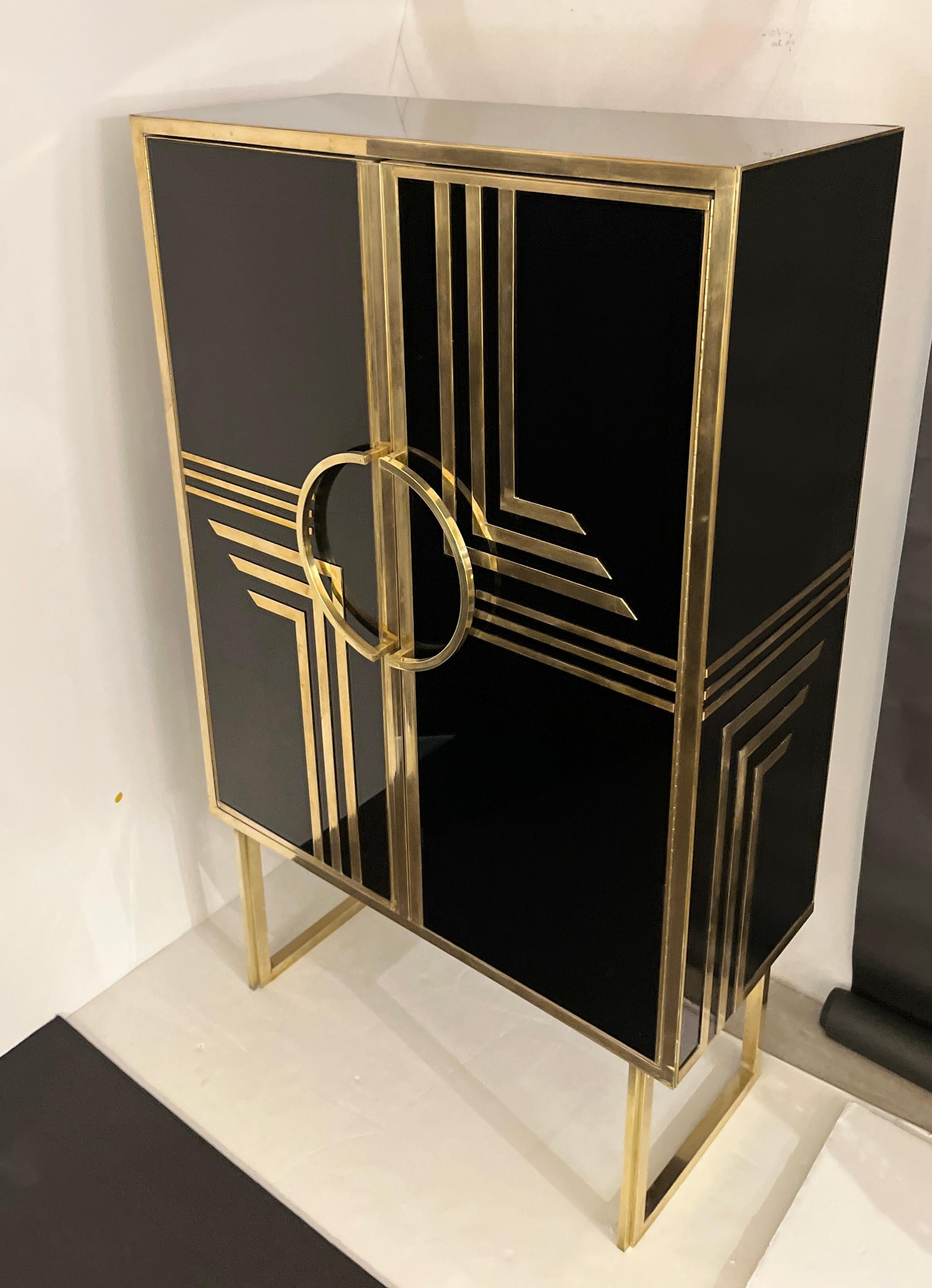1970s Italian Vintage Art Deco Geometric Gold Brass & Black Glass Tall Cabinet For Sale 2