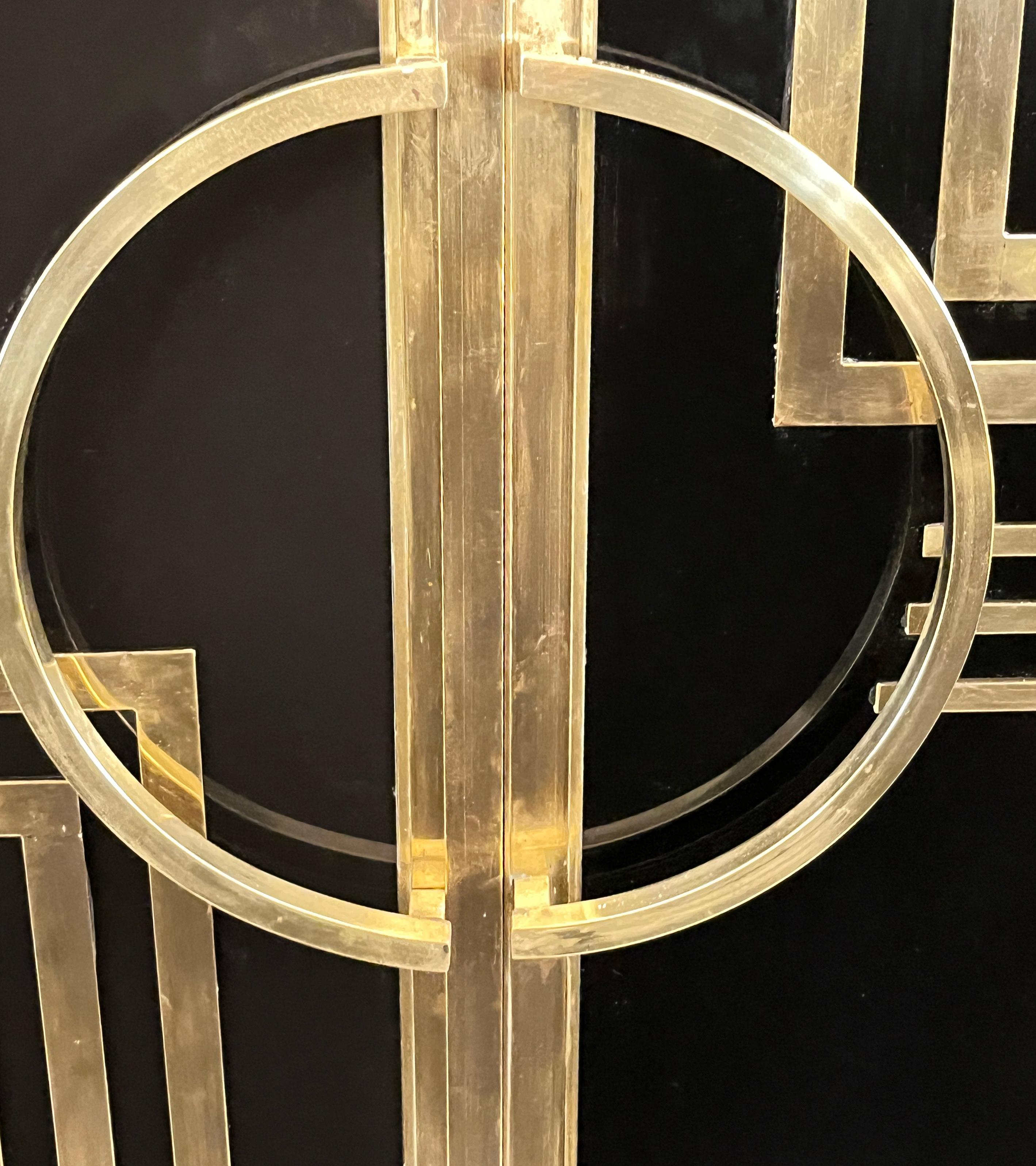 1970s Italian Vintage Art Deco Geometric Gold Brass & Black Glass Tall Cabinet For Sale 3