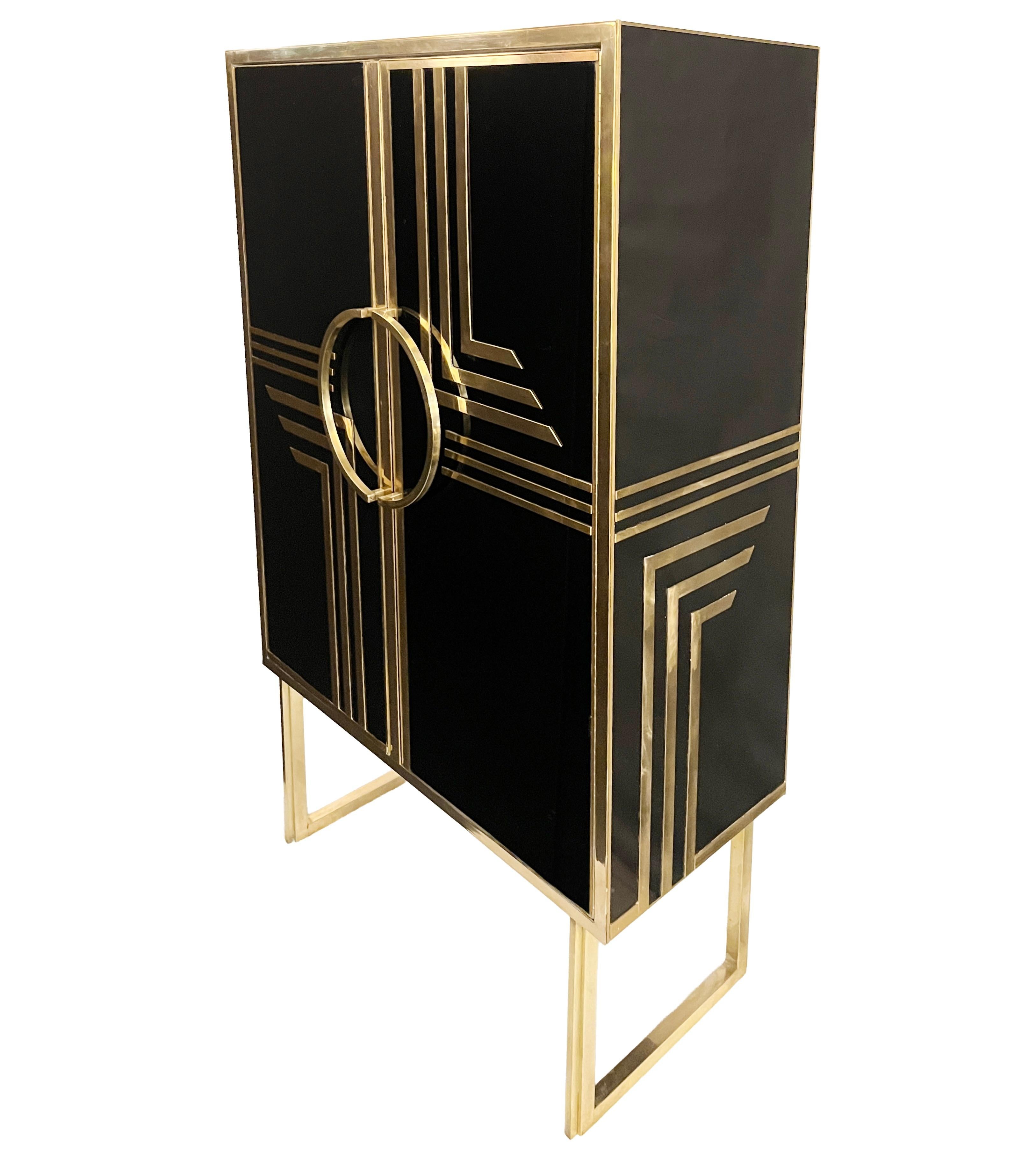 1970s Italian Vintage Art Deco Geometric Gold Brass & Black Glass Tall Cabinet For Sale