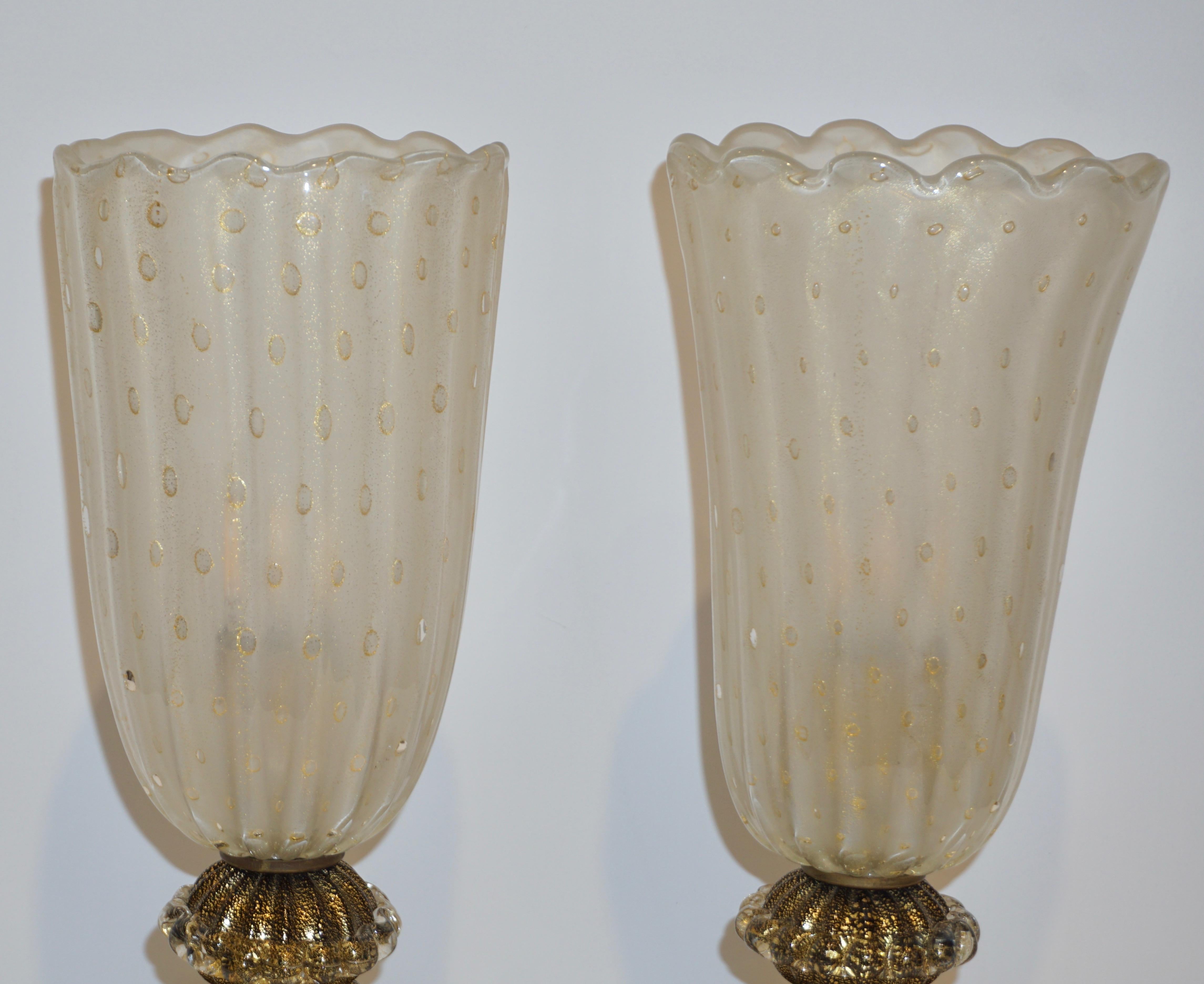 1970s Italian Vintage Barovier Toso Pair of White Black Gold Murano Glass Lamps 3